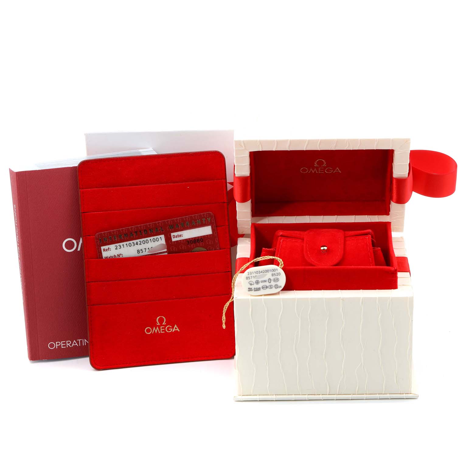 The image shows the box, cardholder, operating instructions, and warranty card for the Omega 231.10.34.20.01.001  Women's Stainless Steel Black Dial 231.10.34.20.01.001  Women's Stainless Steel Black Dial Seamaster Aqua Terra Steel Ladies Watch 231.10.34.20.01.001.