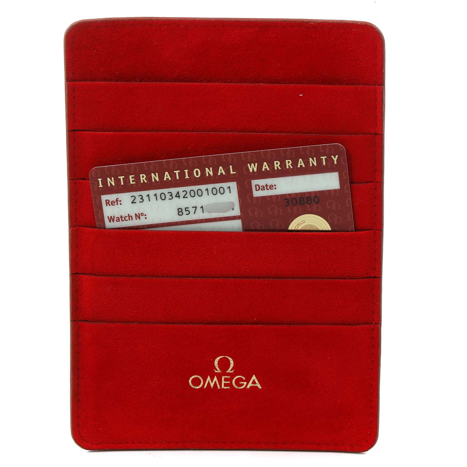 The image shows the international warranty card for the Omega 231.10.34.20.01.001  Women's Stainless Steel Black Dial 231.10.34.20.01.001  Women's Stainless Steel Black Dial Seamaster Aqua Terra Steel Ladies Watch 231.10.34.20.01.001 within a red cardholder.