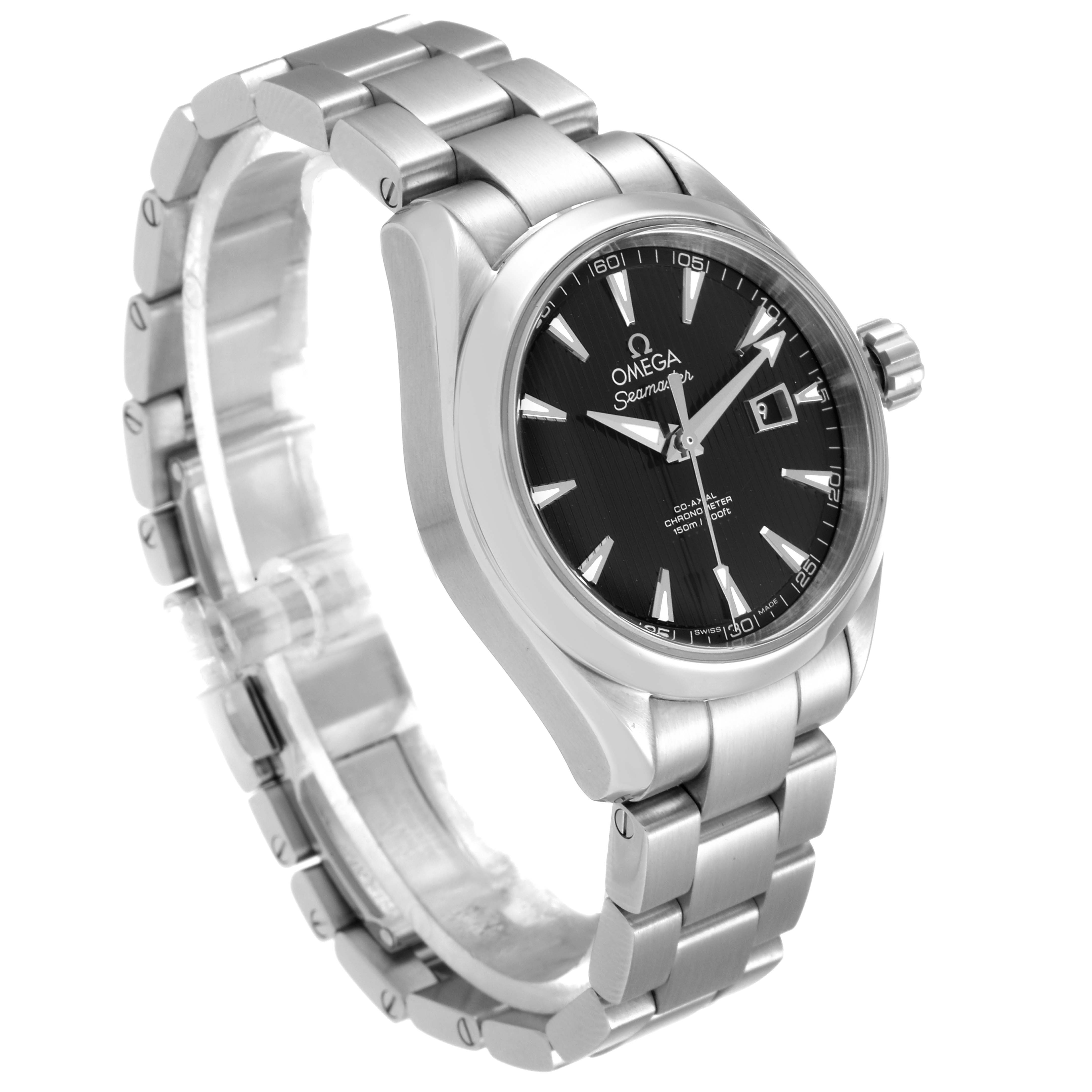 The Omega 231.10.34.20.01.001  Women's Stainless Steel Black Dial 231.10.34.20.01.001  Women's Stainless Steel Black Dial Seamaster Aqua Terra Steel Ladies Watch 231.10.34.20.01.001 is shown at an angle displaying the face, bezel, and bracelet.