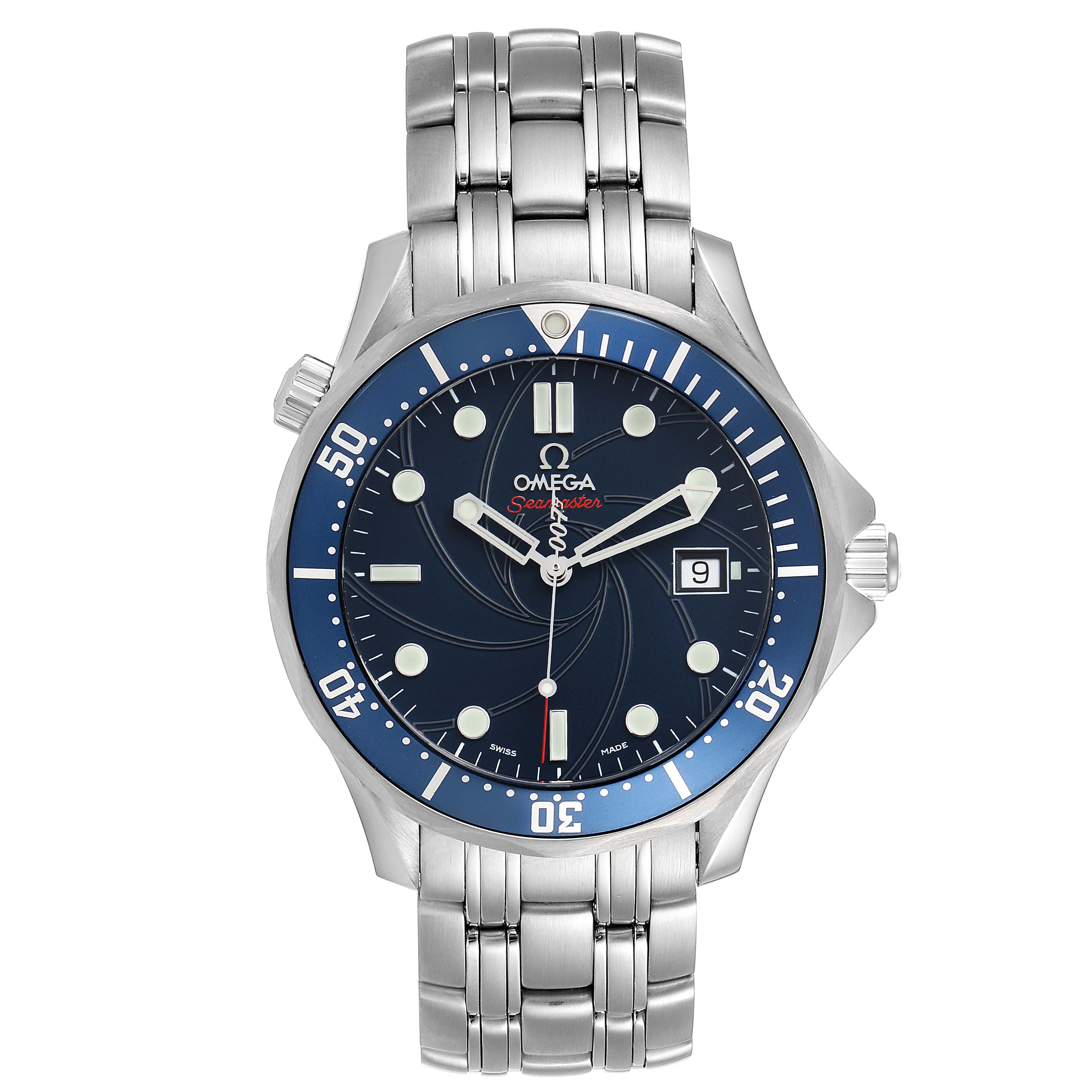The image shows a front view of the Omega Seamaster 2226.80.00 Men's Stainless Steel Blue Dial 2226.80.00 Men's Stainless Steel Blue Dial watch, displaying its blue dial, bezel, and stainless steel bracelet.