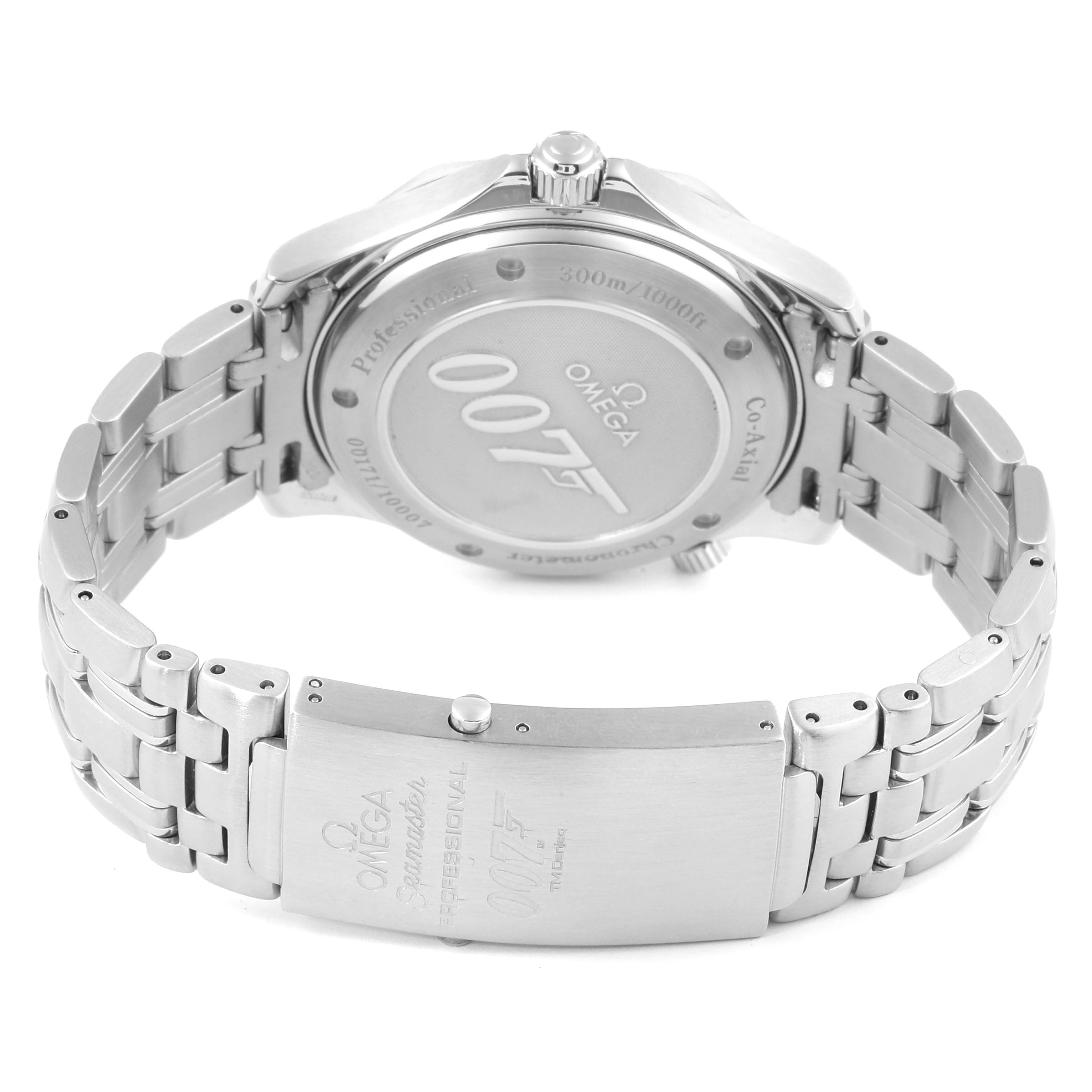 The image shows the back case and clasp of an Omega Seamaster 2226.80.00 Men's Stainless Steel Blue Dial 2226.80.00 Men's Stainless Steel Blue Dial watch, featuring the 007 logo.