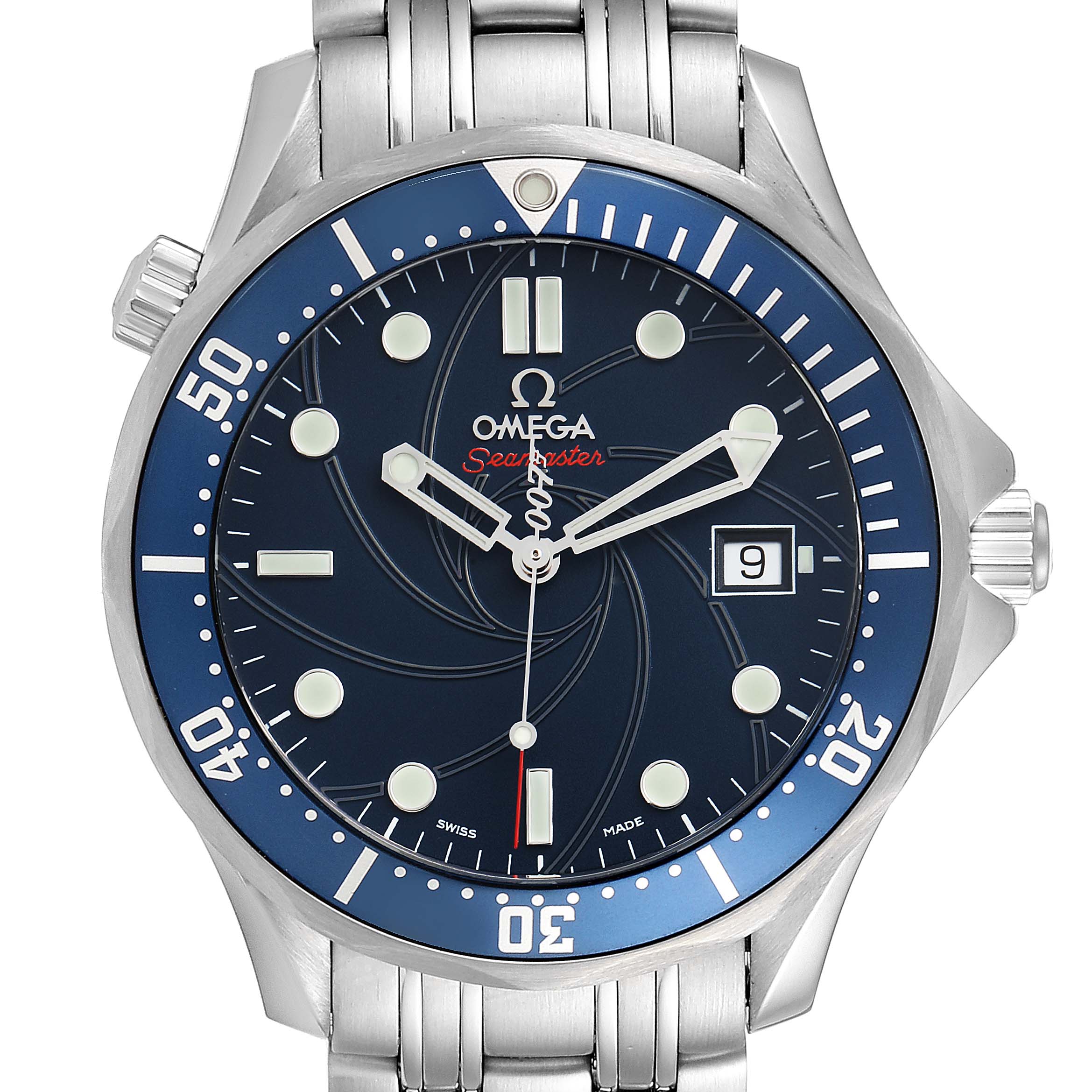 This Omega Seamaster 2226.80.00 Men's Stainless Steel Blue Dial 2226.80.00 Men's Stainless Steel Blue Dial watch is shown from the front, displaying the face, bezel, hands, date window, and bracelet.