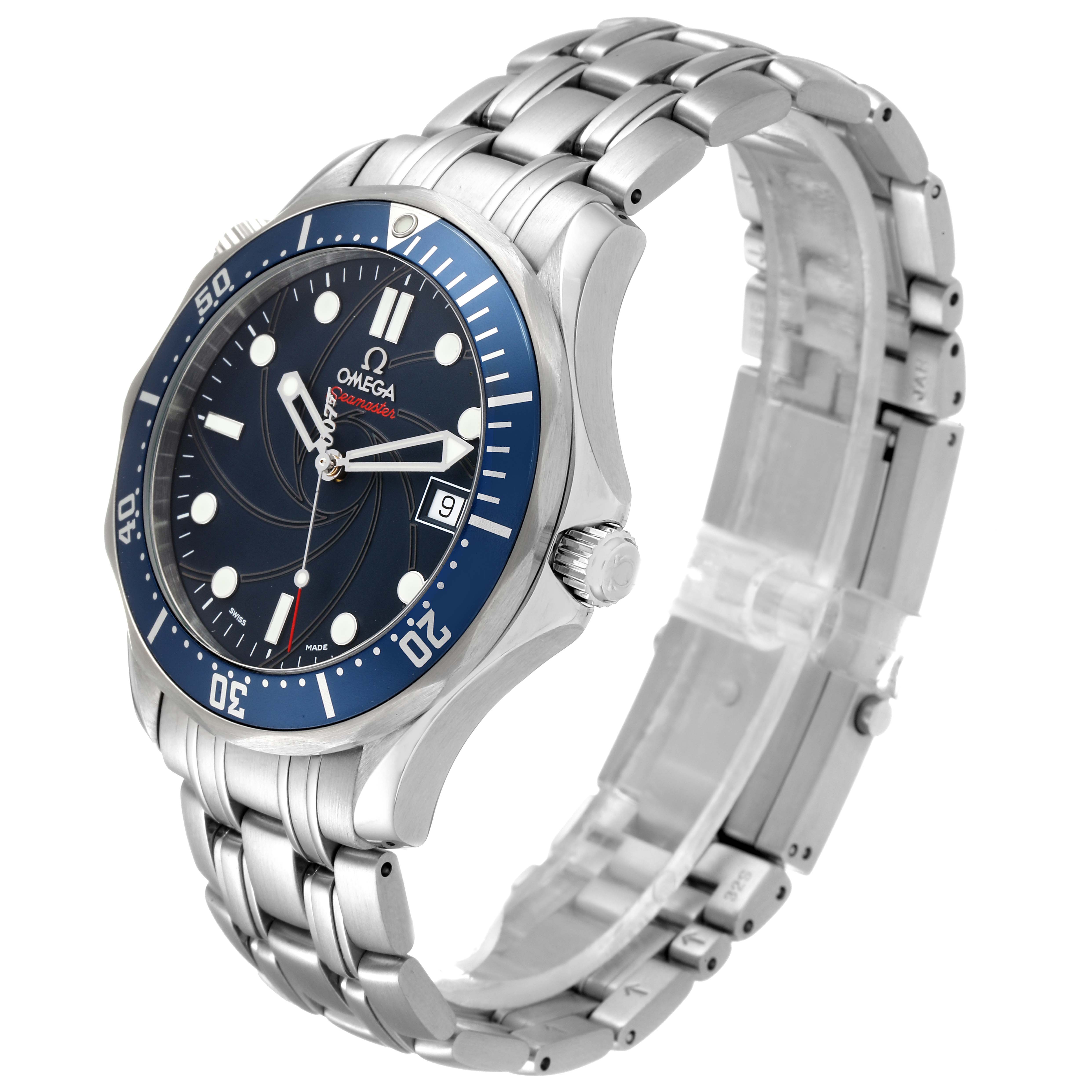 This Omega Seamaster 2226.80.00 Men's Stainless Steel Blue Dial 2226.80.00 Men's Stainless Steel Blue Dial watch is shown at a three-quarter angle, highlighting the face, bezel, bracelet, and crown.
