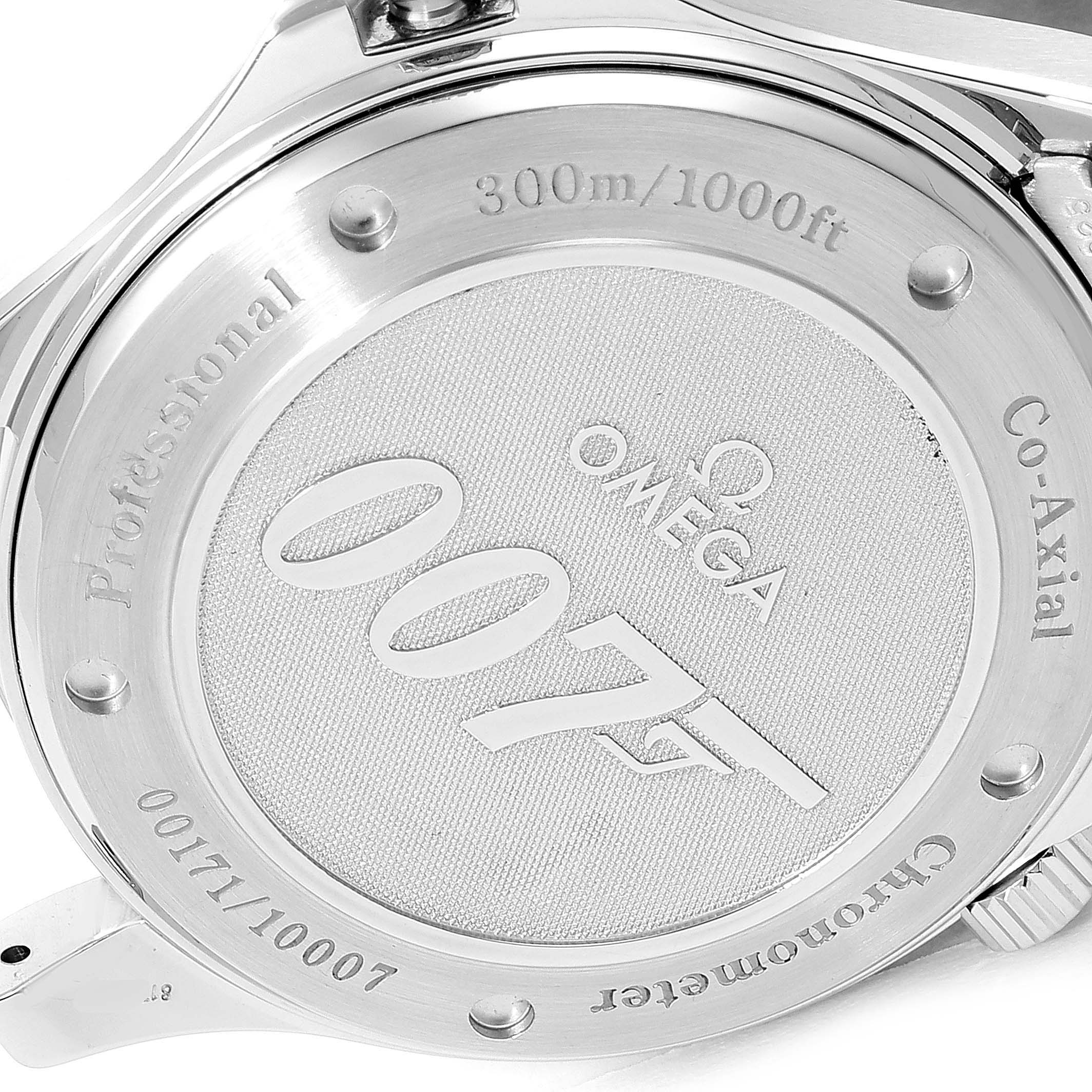 The image shows the case back of an Omega Seamaster 2226.80.00 Men's Stainless Steel Blue Dial 2226.80.00 Men's Stainless Steel Blue Dial watch with "007" branding and engraving details.