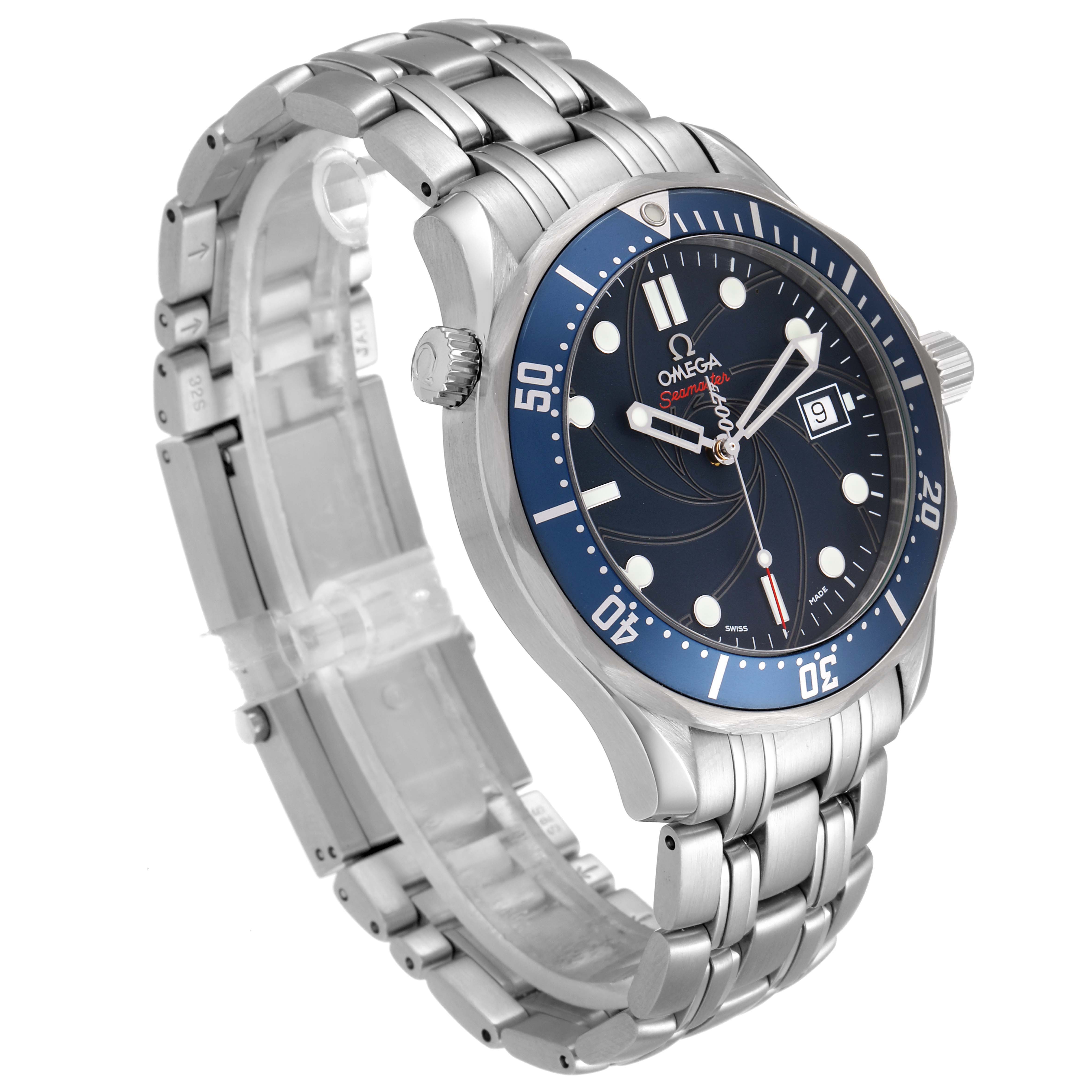 The image shows an Omega Seamaster 2226.80.00 Men's Stainless Steel Blue Dial 2226.80.00 Men's Stainless Steel Blue Dial watch at a three-quarter angle, highlighting its face, bezel, and stainless steel bracelet.