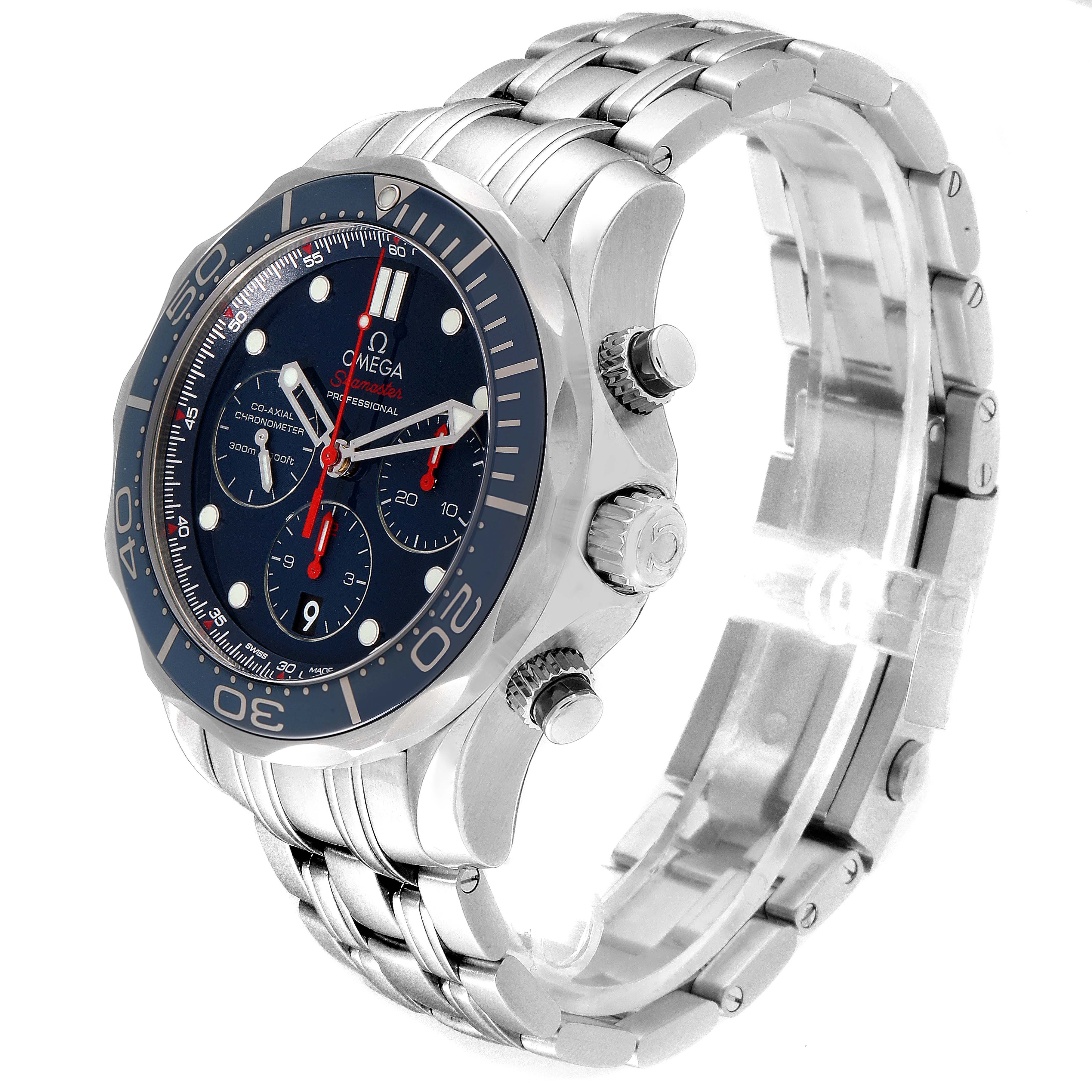 The image shows a side angle of an Omega Seamaster 212.30.44.50.03.001 Men
s Stainless Steel Blue Dial 212.30.44.50.03.001 Men
s Stainless Steel Blue Dial watch, highlighting the face, bezel, crowns, and metal bracelet.