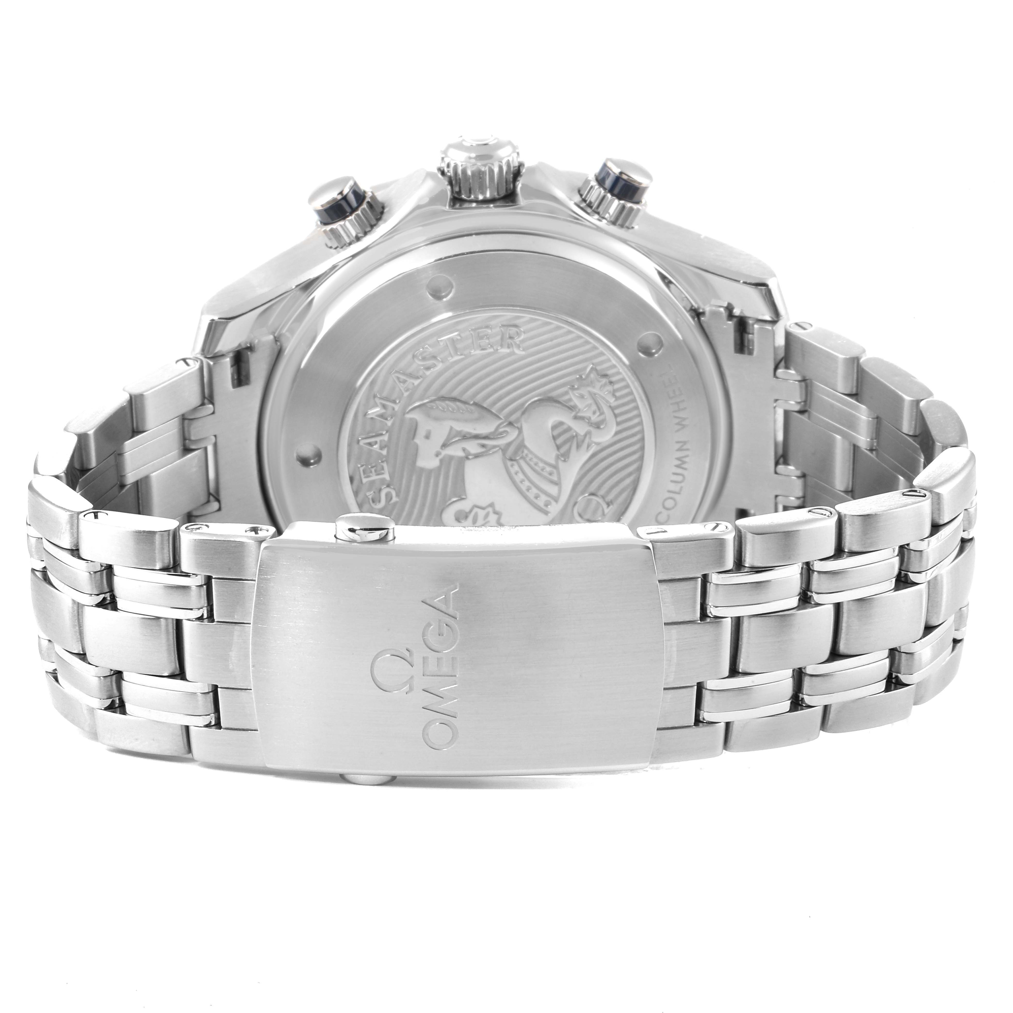 The image shows the back view of an Omega Seamaster 212.30.44.50.03.001 Men
s Stainless Steel Blue Dial 212.30.44.50.03.001 Men
s Stainless Steel Blue Dial watch, highlighting the clasp and case back details.