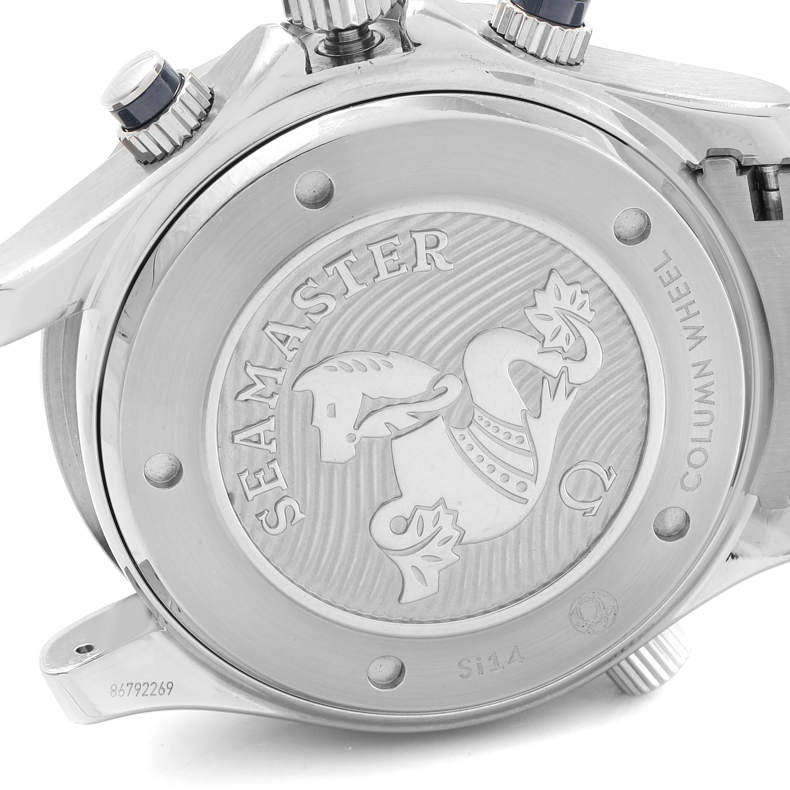 The image shows the back case of an Omega Seamaster 212.30.44.50.03.001 Men
s Stainless Steel Blue Dial 212.30.44.50.03.001 Men
s Stainless Steel Blue Dial watch, highlighting its engravings and crown controls.