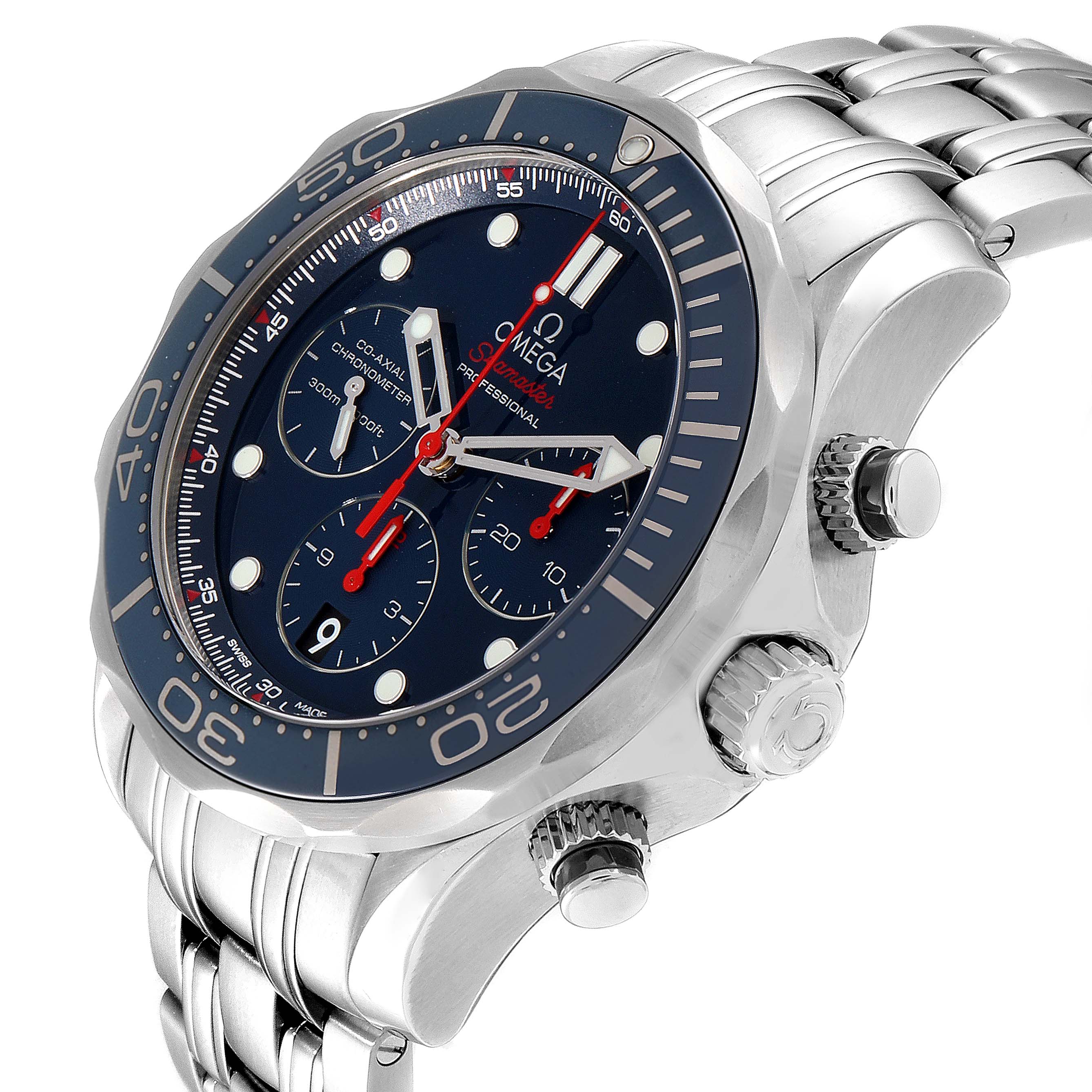 The Omega Seamaster 212.30.44.50.03.001 Men
s Stainless Steel Blue Dial 212.30.44.50.03.001 Men
s Stainless Steel Blue Dial watch is shown from an oblique angle, highlighting the bezel, dial, sub-dials, and side crown.