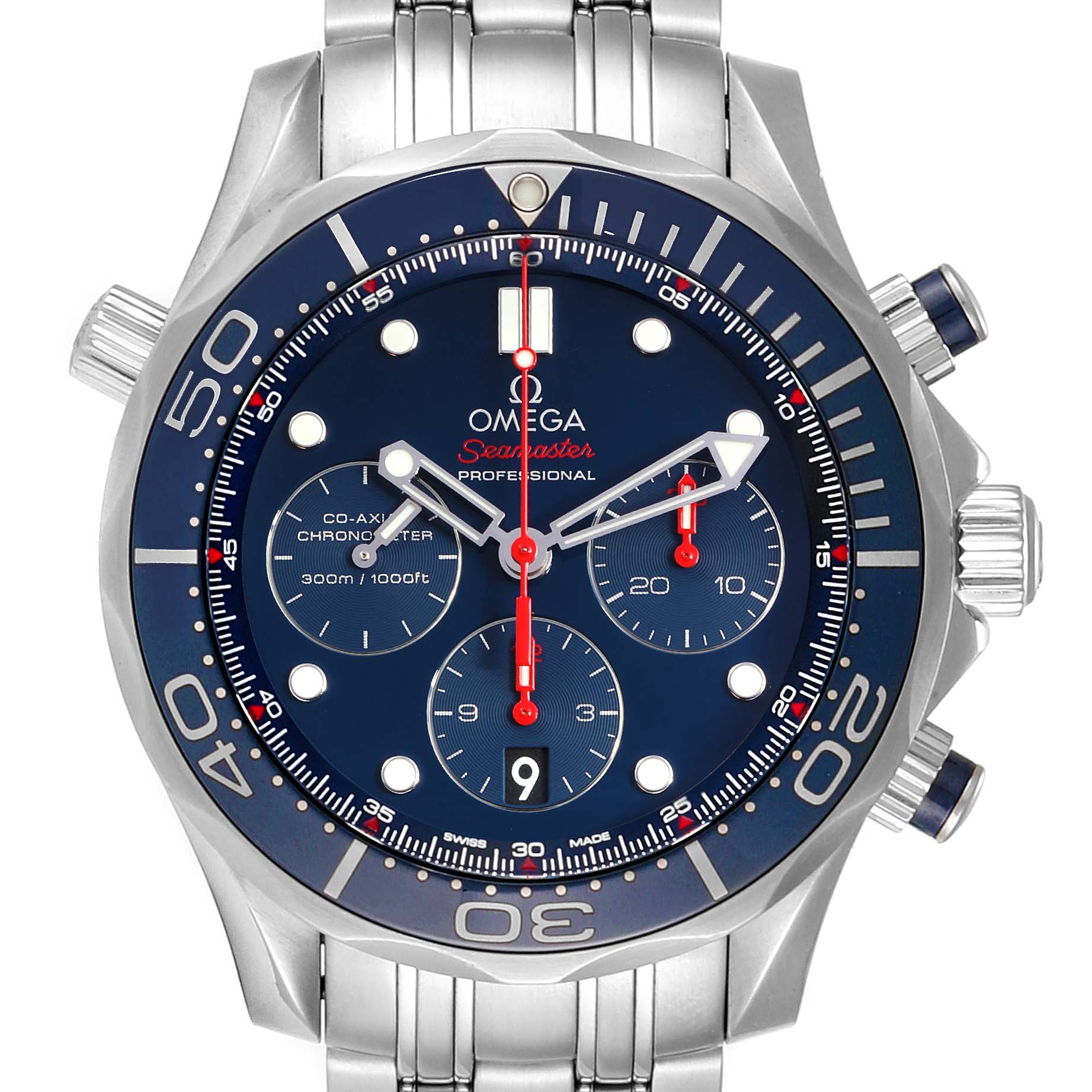 The Omega Seamaster 212.30.44.50.03.001 Men
s Stainless Steel Blue Dial 212.30.44.50.03.001 Men
s Stainless Steel Blue Dial watch is shown from a front angle, highlighting its face, bezel, and bracelet.