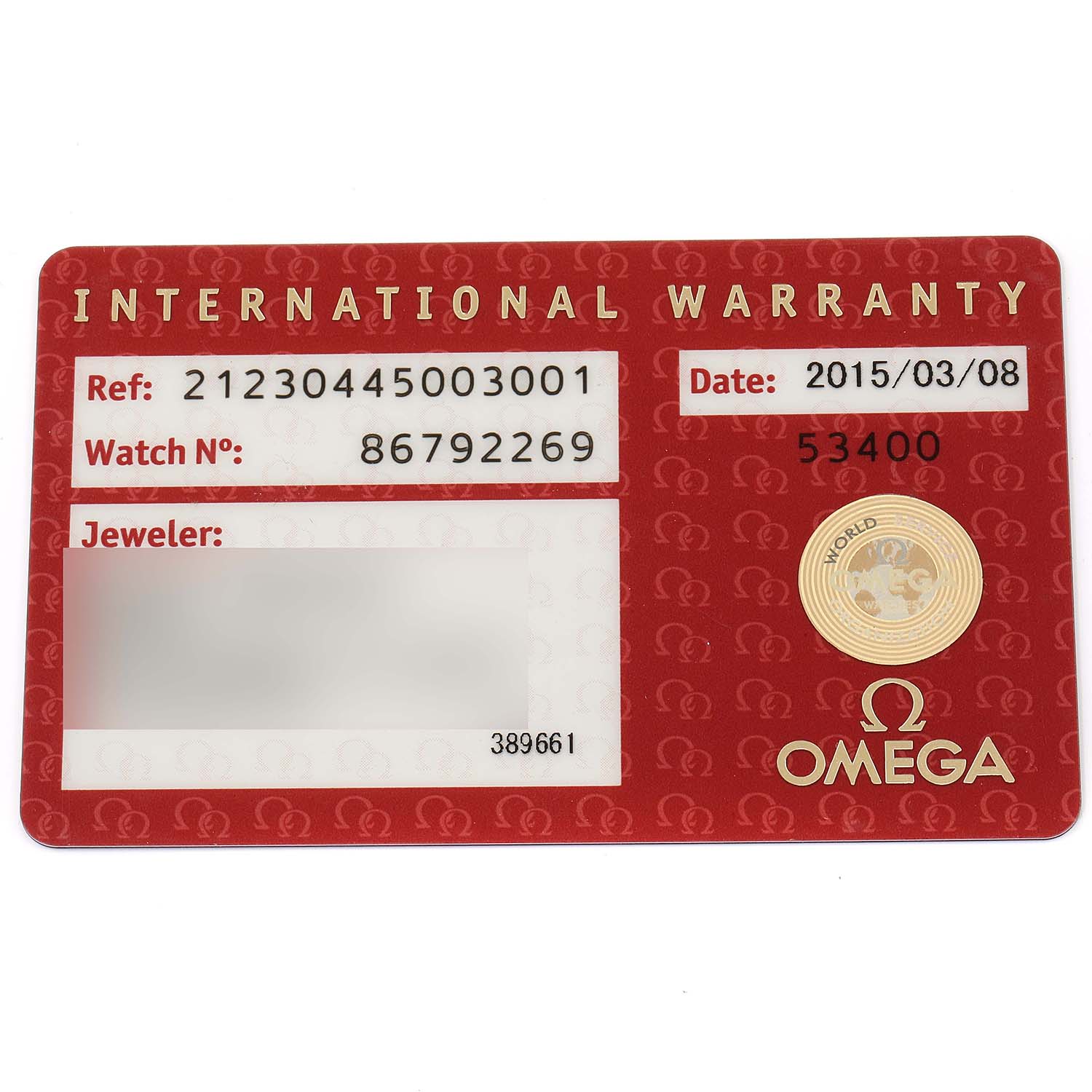 The image shows the international warranty card for an Omega Seamaster 212.30.44.50.03.001 Men
s Stainless Steel Blue Dial 212.30.44.50.03.001 Men
s Stainless Steel Blue Dial watch, detailing the reference number, watch number, and date of purchase.