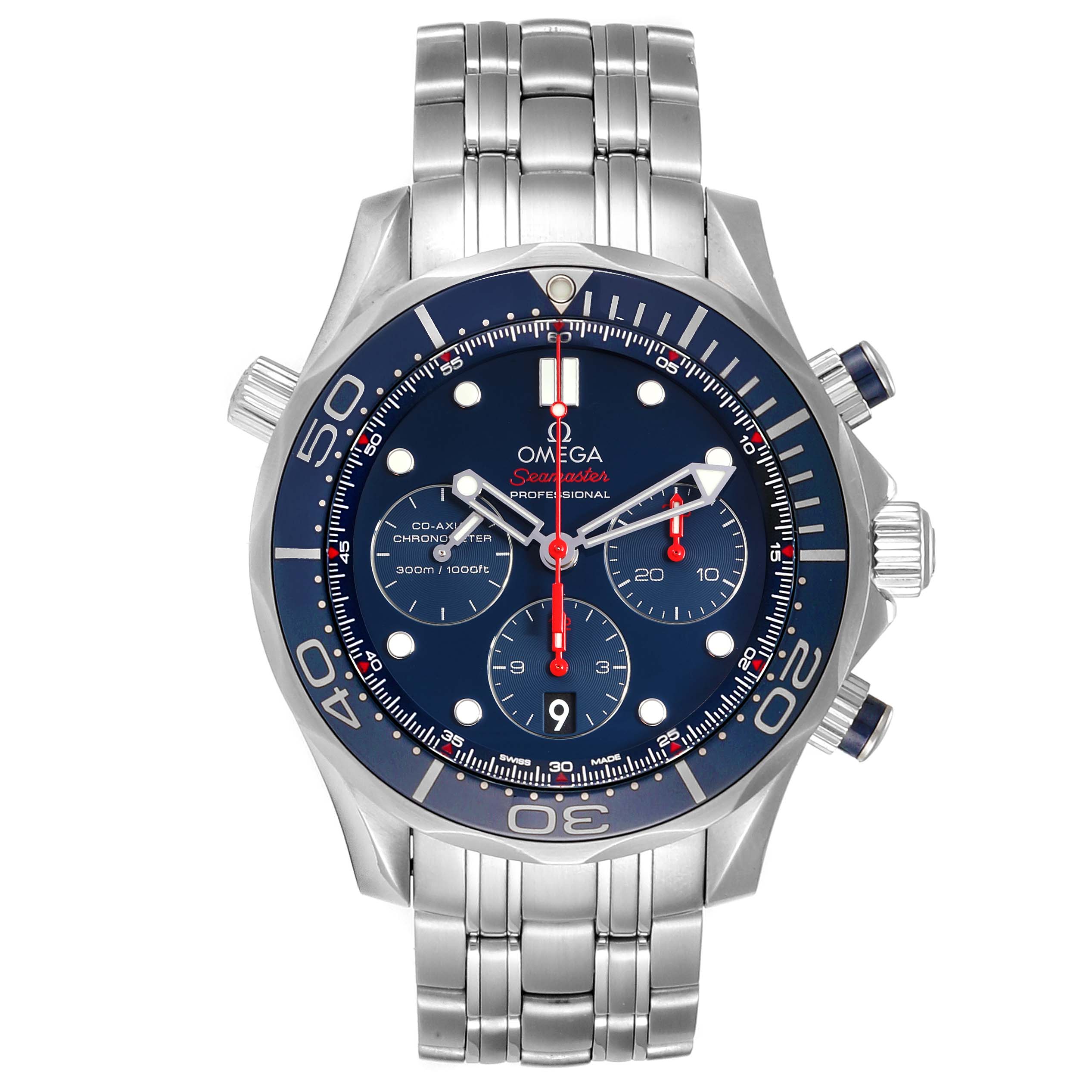 The Omega Seamaster 212.30.44.50.03.001 Men
s Stainless Steel Blue Dial 212.30.44.50.03.001 Men
s Stainless Steel Blue Dial watch is shown from a front angle, displaying its blue dial, chronograph, and stainless steel bracelet.