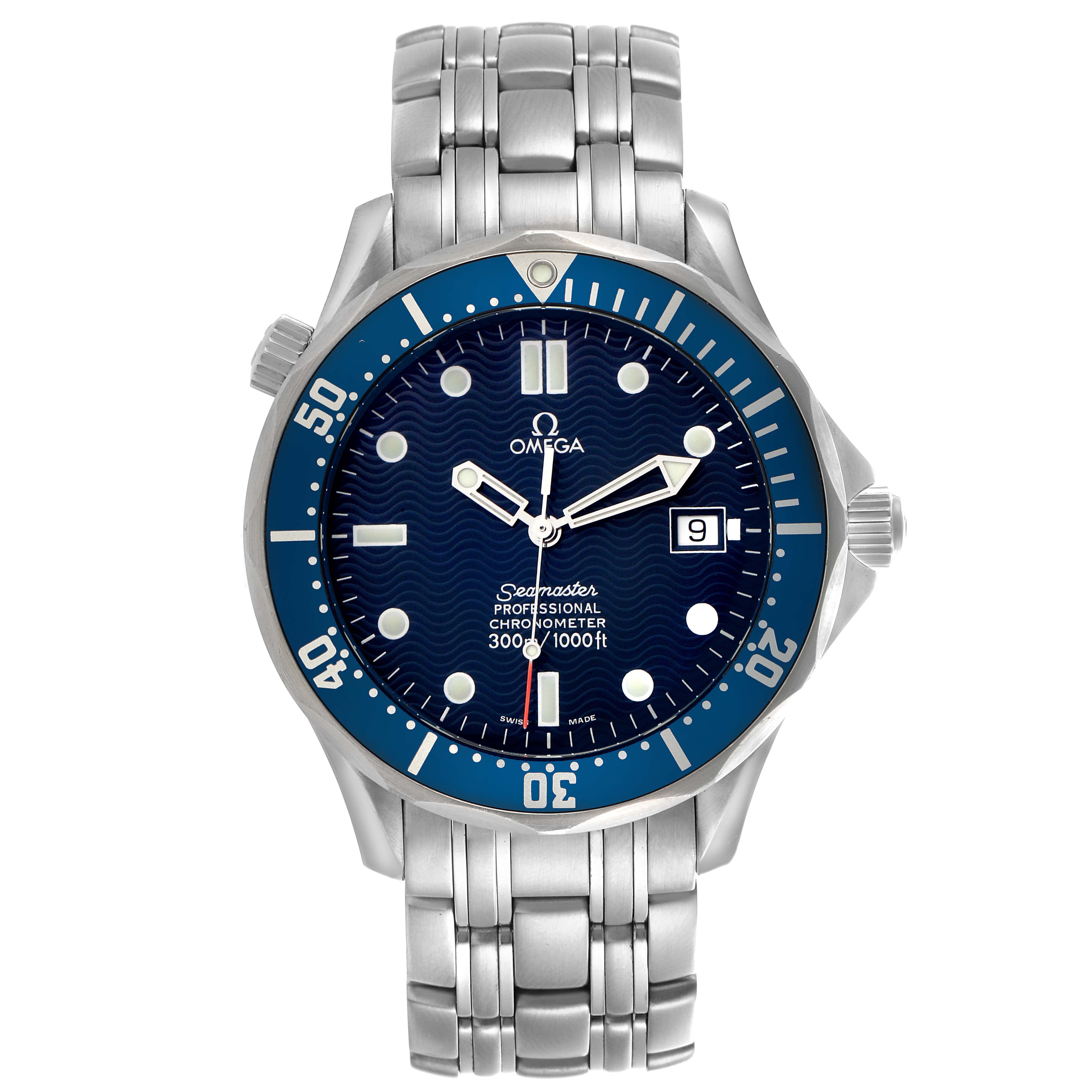 The Omega Seamaster 2531.80.00 Men
s Stainless Steel Blue Dial 2531.80.00 Men
s Stainless Steel Blue Dial is shown from the front, displaying the dial, bezel, crown, and bracelet.
