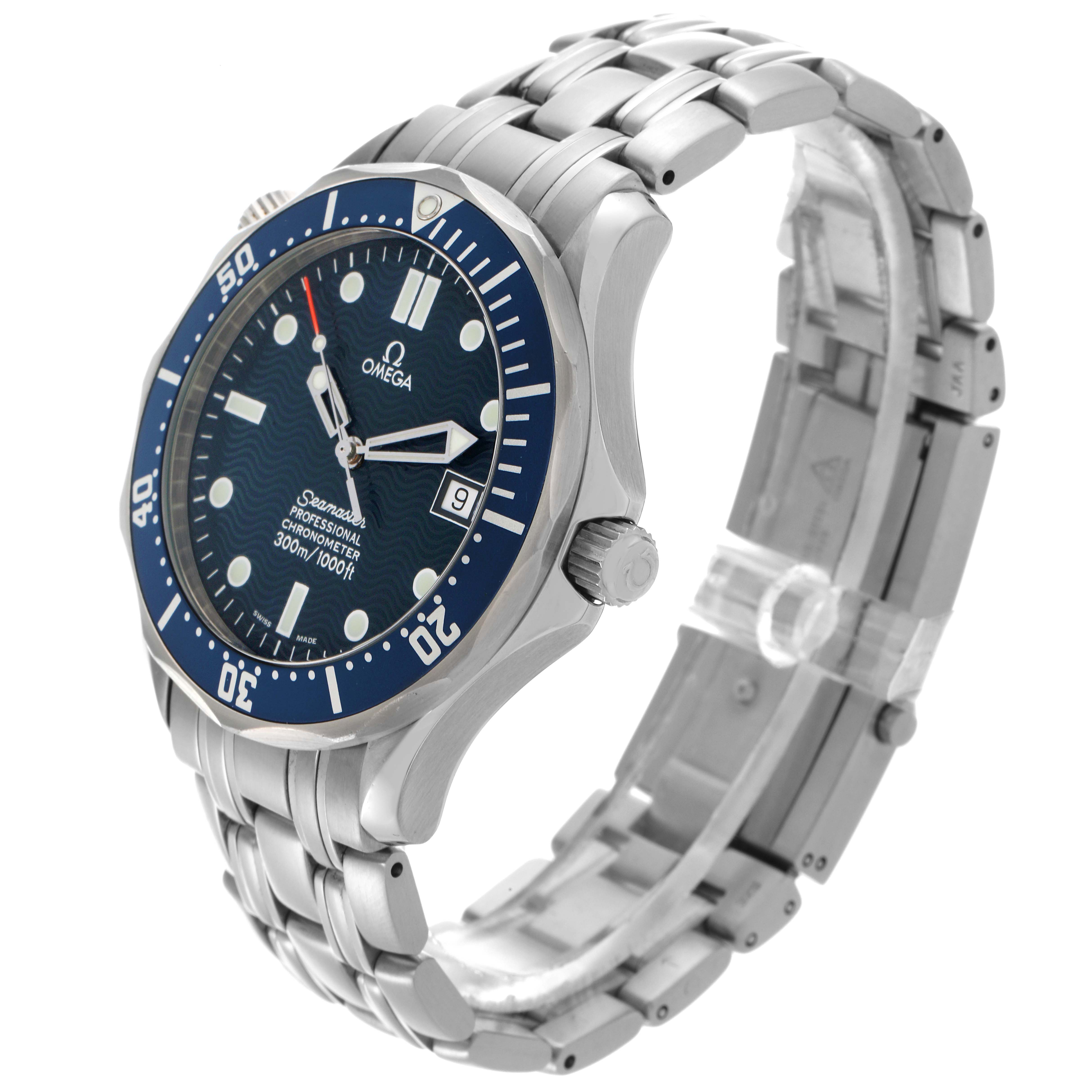The Omega Seamaster 2531.80.00 Men
s Stainless Steel Blue Dial 2531.80.00 Men
s Stainless Steel Blue Dial watch is shown at a slight angle, highlighting the face, bezel, and bracelet.