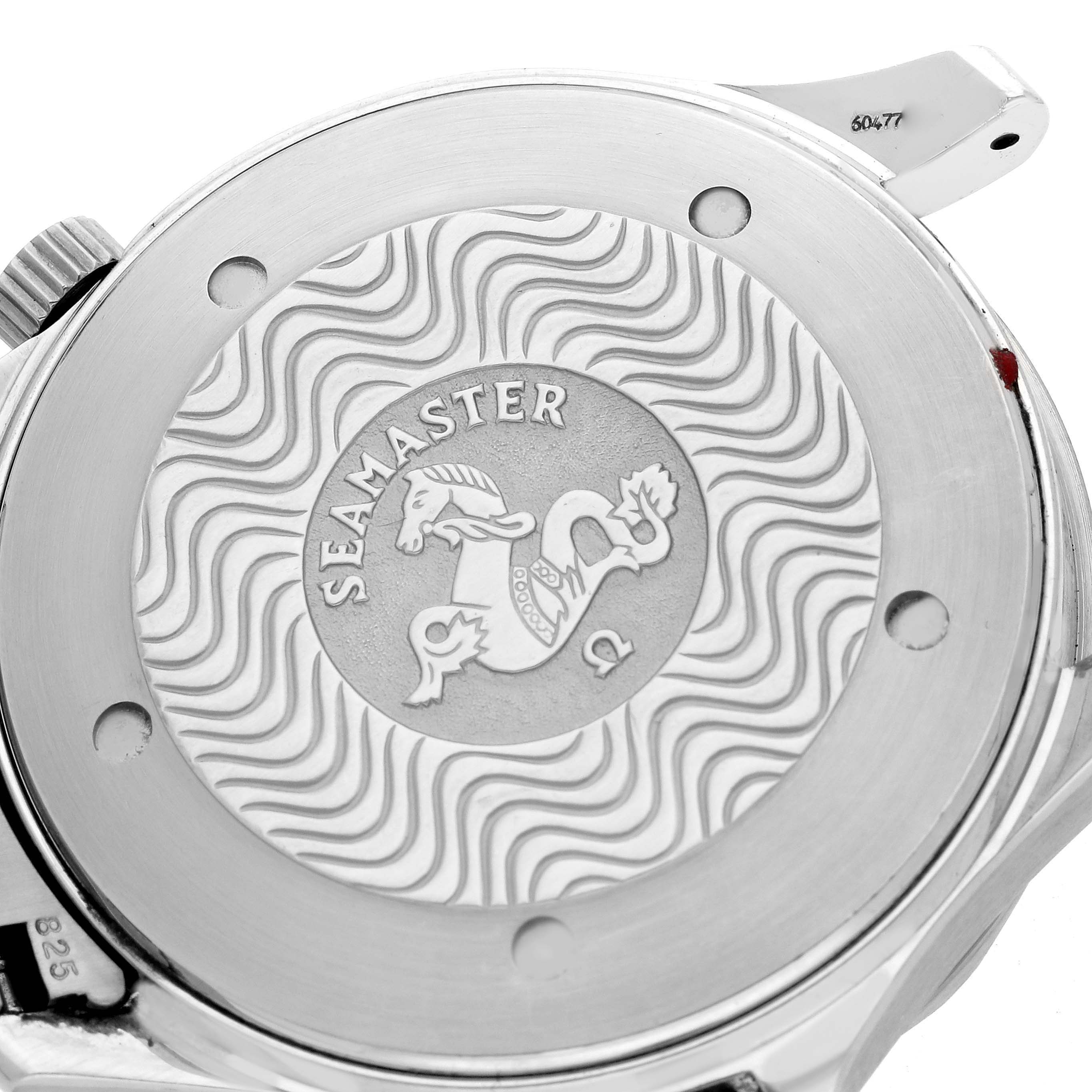 The image shows the back case of an Omega Seamaster 2531.80.00 Men
s Stainless Steel Blue Dial 2531.80.00 Men
s Stainless Steel Blue Dial watch, featuring the logo and wave pattern engraving.