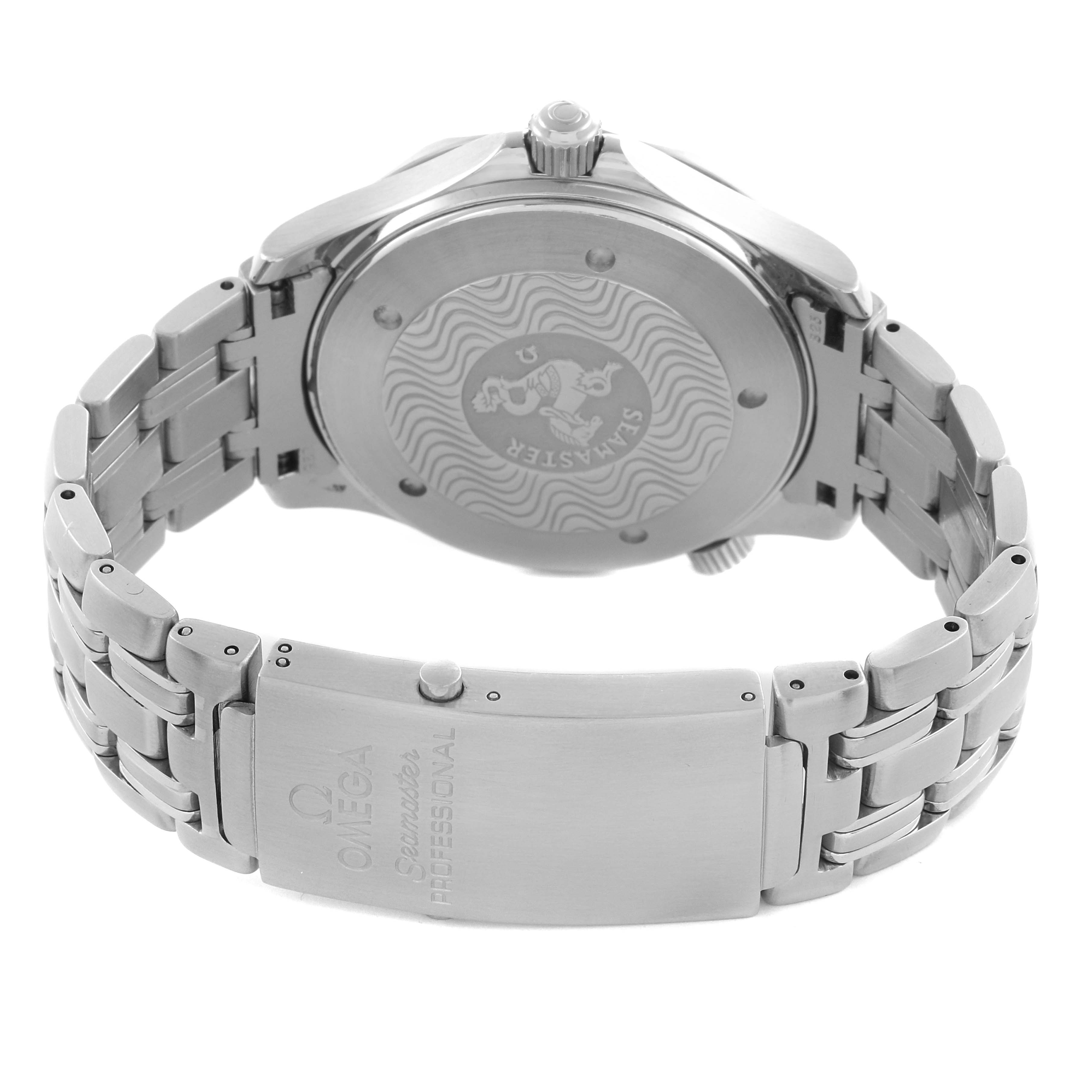 The image shows the back case and clasp of the Omega Seamaster 2531.80.00 Men
s Stainless Steel Blue Dial 2531.80.00 Men
s Stainless Steel Blue Dial watch from a rear angle.