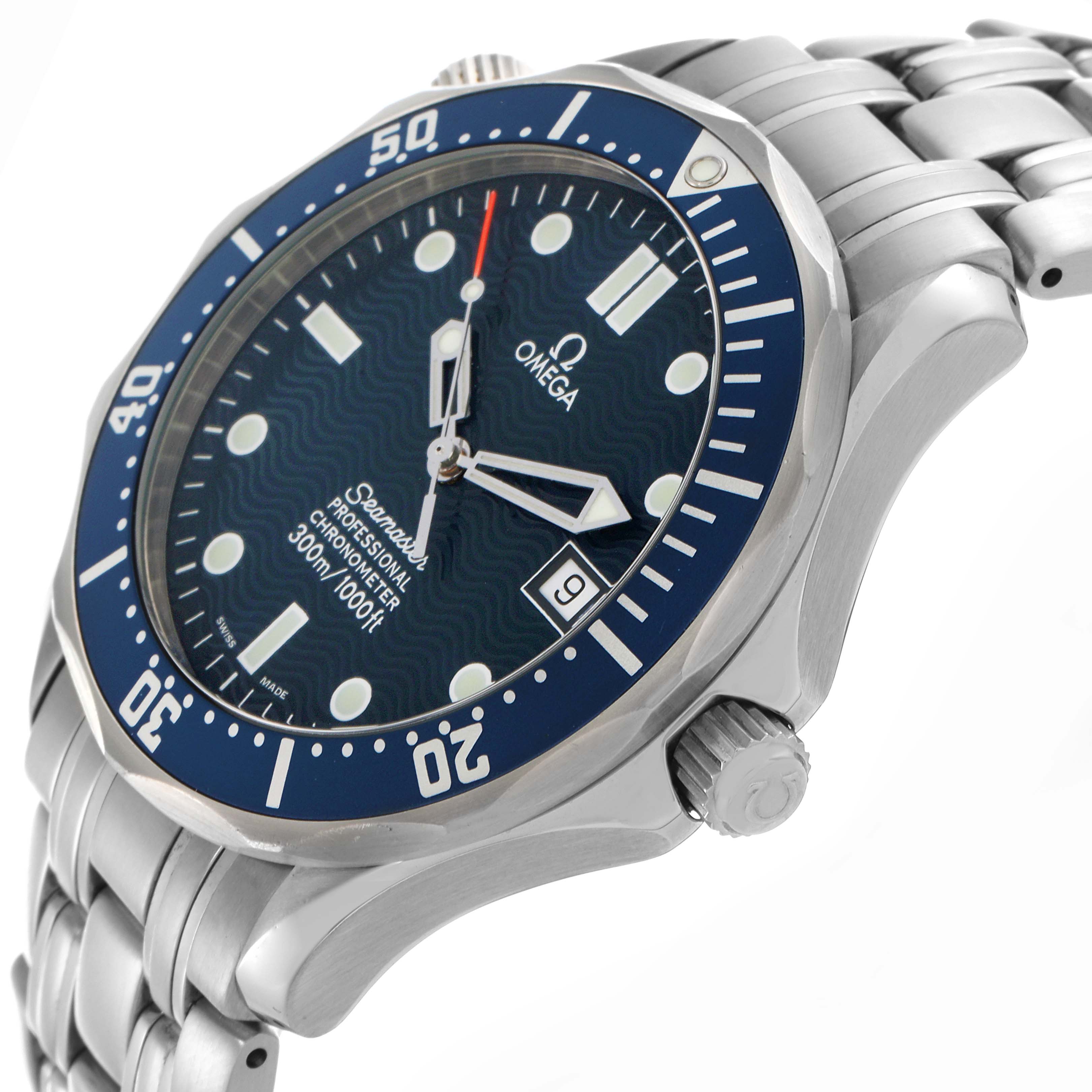 The Omega Seamaster 2531.80.00 Men
s Stainless Steel Blue Dial 2531.80.00 Men
s Stainless Steel Blue Dial watch is shown at a three-quarter angle, highlighting its face, bezel, crown, and bracelet.