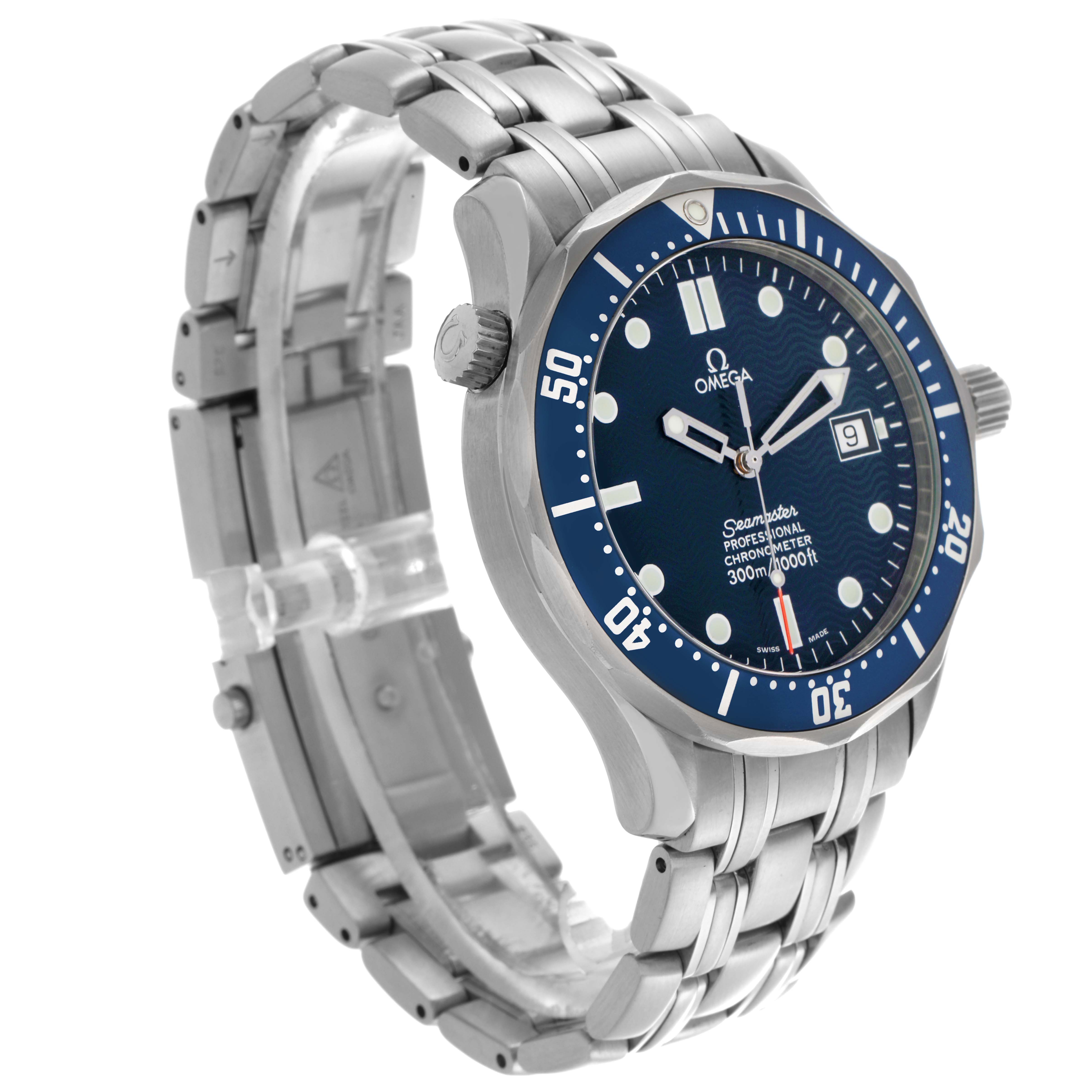 The Omega Seamaster 2531.80.00 Men
s Stainless Steel Blue Dial 2531.80.00 Men
s Stainless Steel Blue Dial watch is shown at a three-quarter angle, highlighting its blue dial, bezel, crown, and stainless steel bracelet.