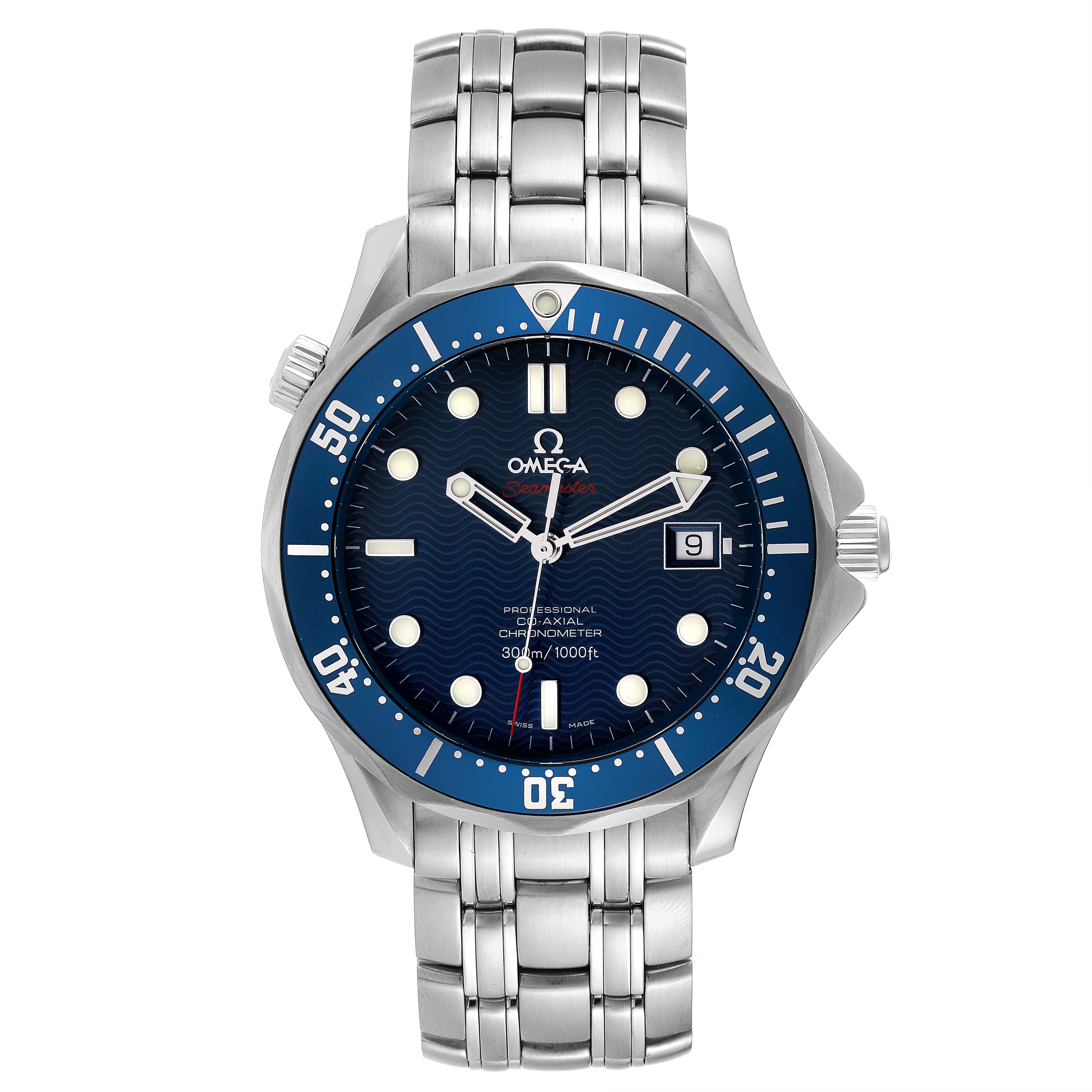 The image shows a front view of an Omega Seamaster 2220.80.00 Men's Stainless Steel Blue Dial 2220.80.00 Men's Stainless Steel Blue Dial watch, highlighting the dial, bezel, hands, and metal bracelet.