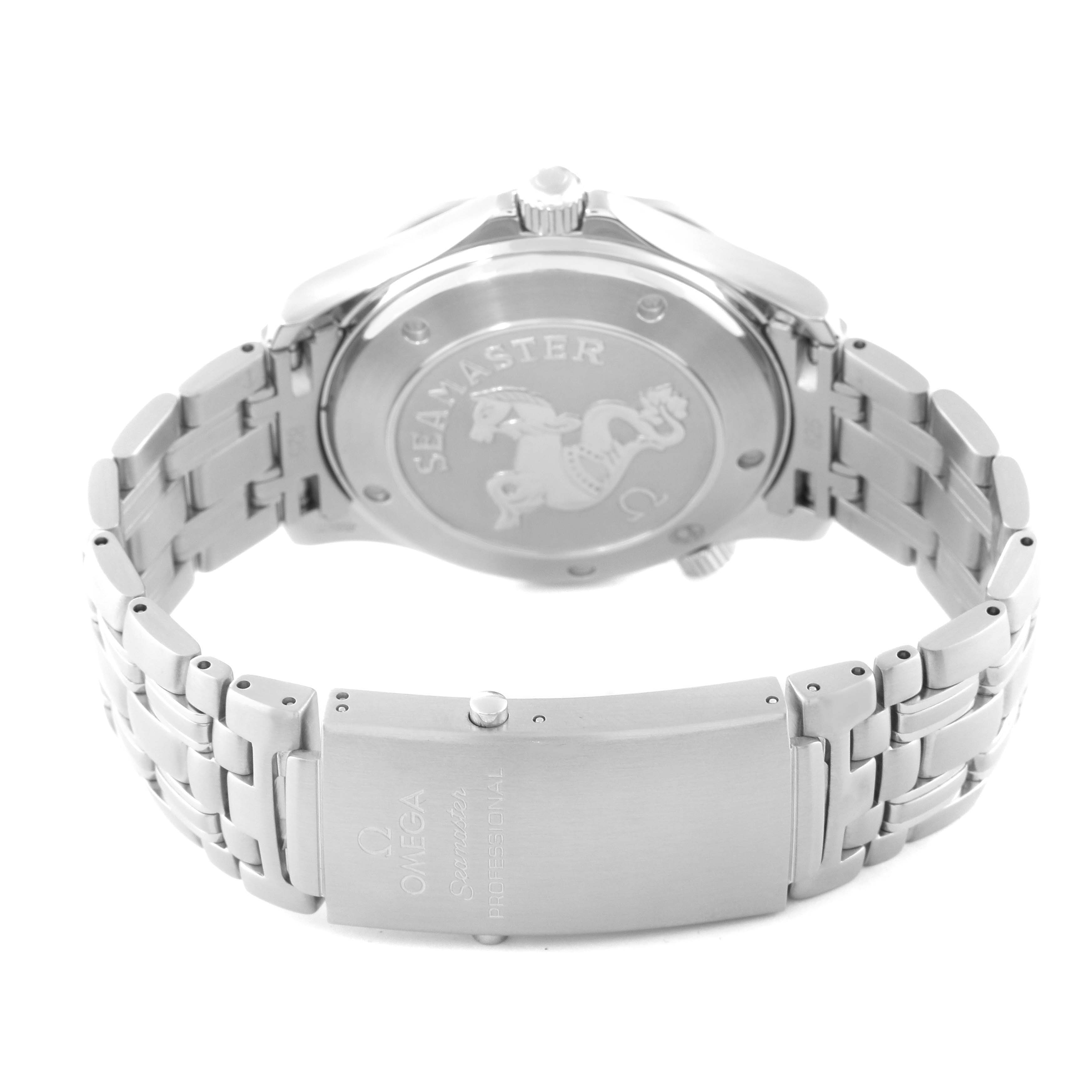 The image shows the backside and clasp of the Omega Seamaster 2220.80.00 Men's Stainless Steel Blue Dial 2220.80.00 Men's Stainless Steel Blue Dial watch, highlighting its case back and stainless steel bracelet.