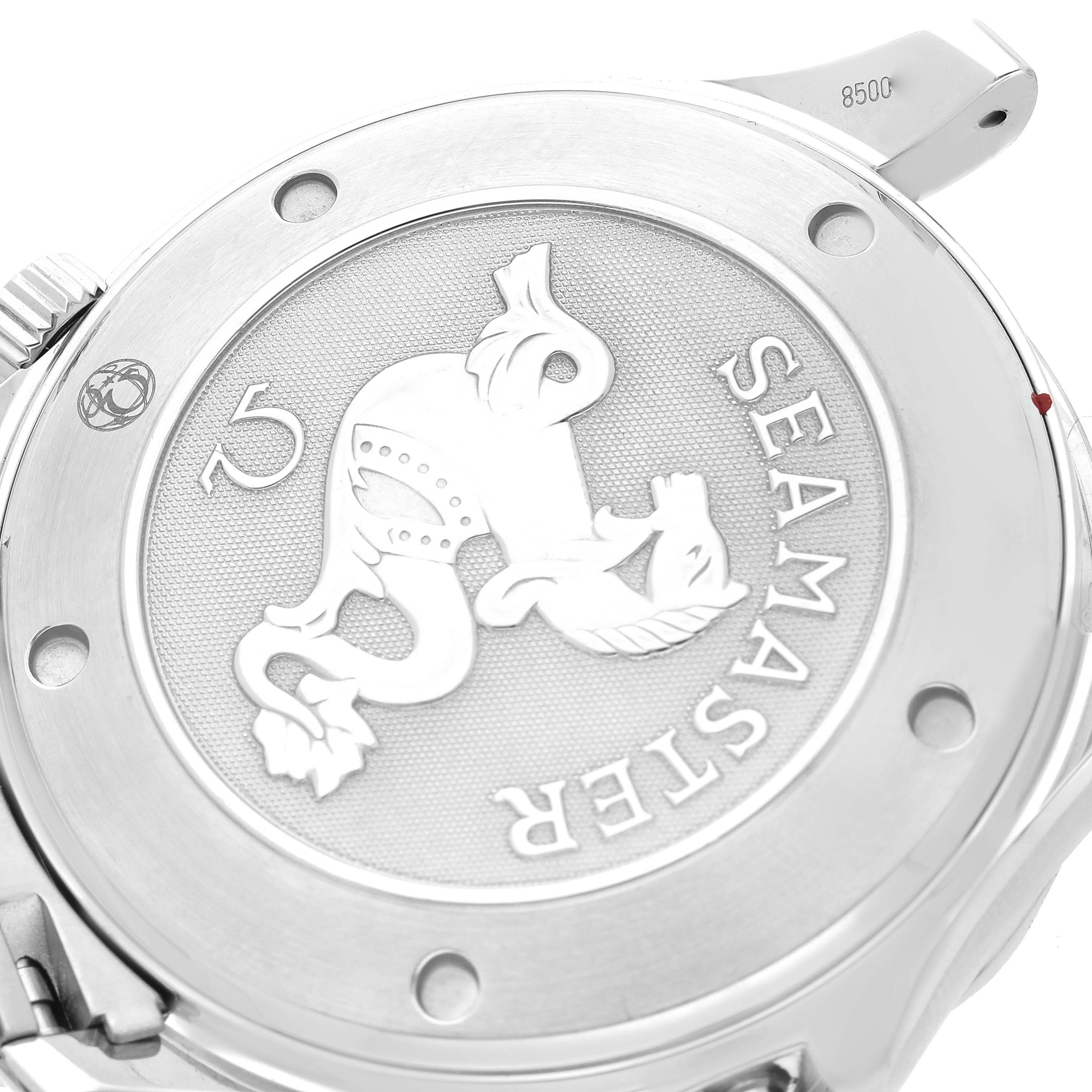 The image shows the case back of the Omega Seamaster 2220.80.00 Men's Stainless Steel Blue Dial 2220.80.00 Men's Stainless Steel Blue Dial watch, featuring its engraved design and branding.