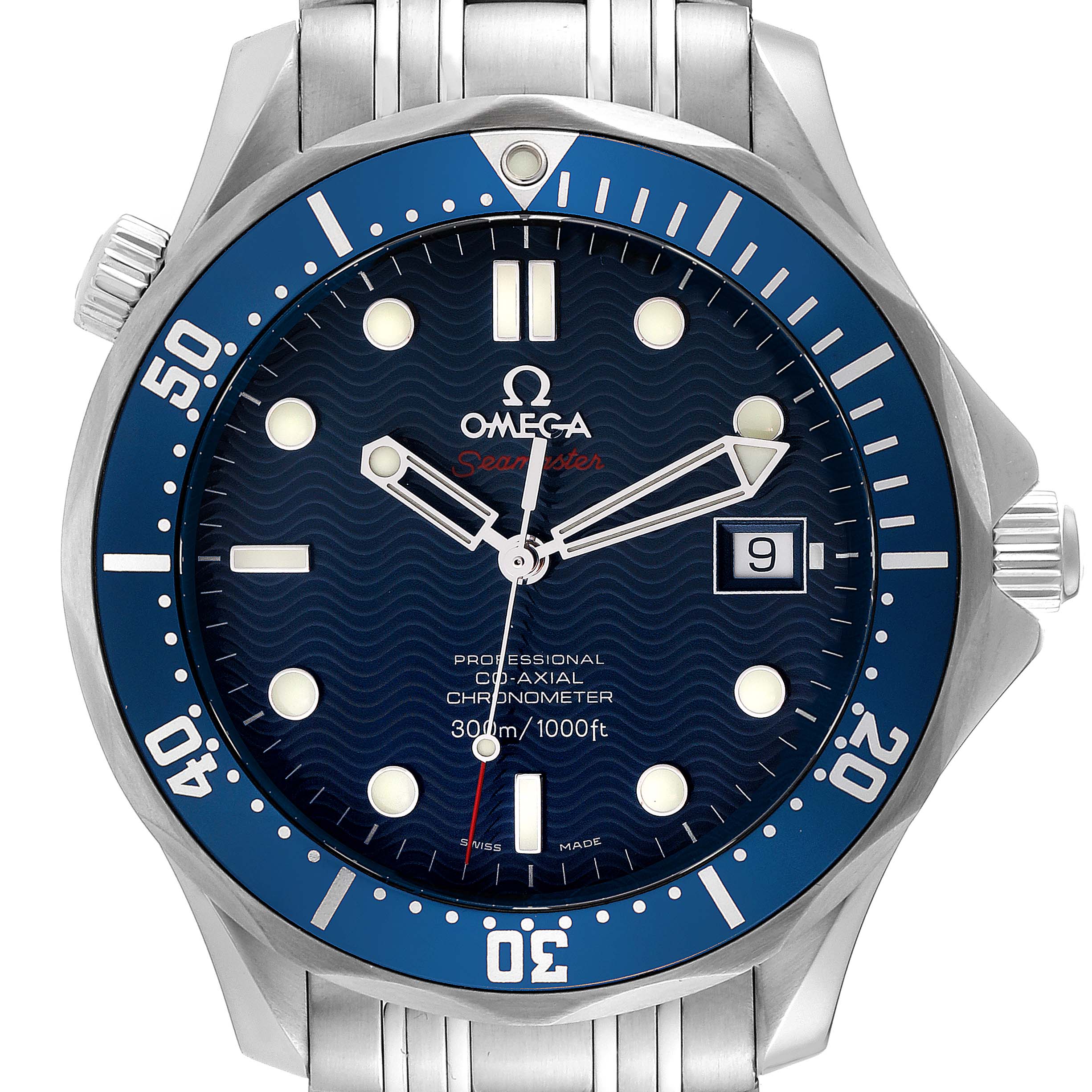 The image shows a front angle of the Omega Seamaster 2220.80.00 Men's Stainless Steel Blue Dial 2220.80.00 Men's Stainless Steel Blue Dial watch, highlighting the dial, bezel, crown, and bracelet.