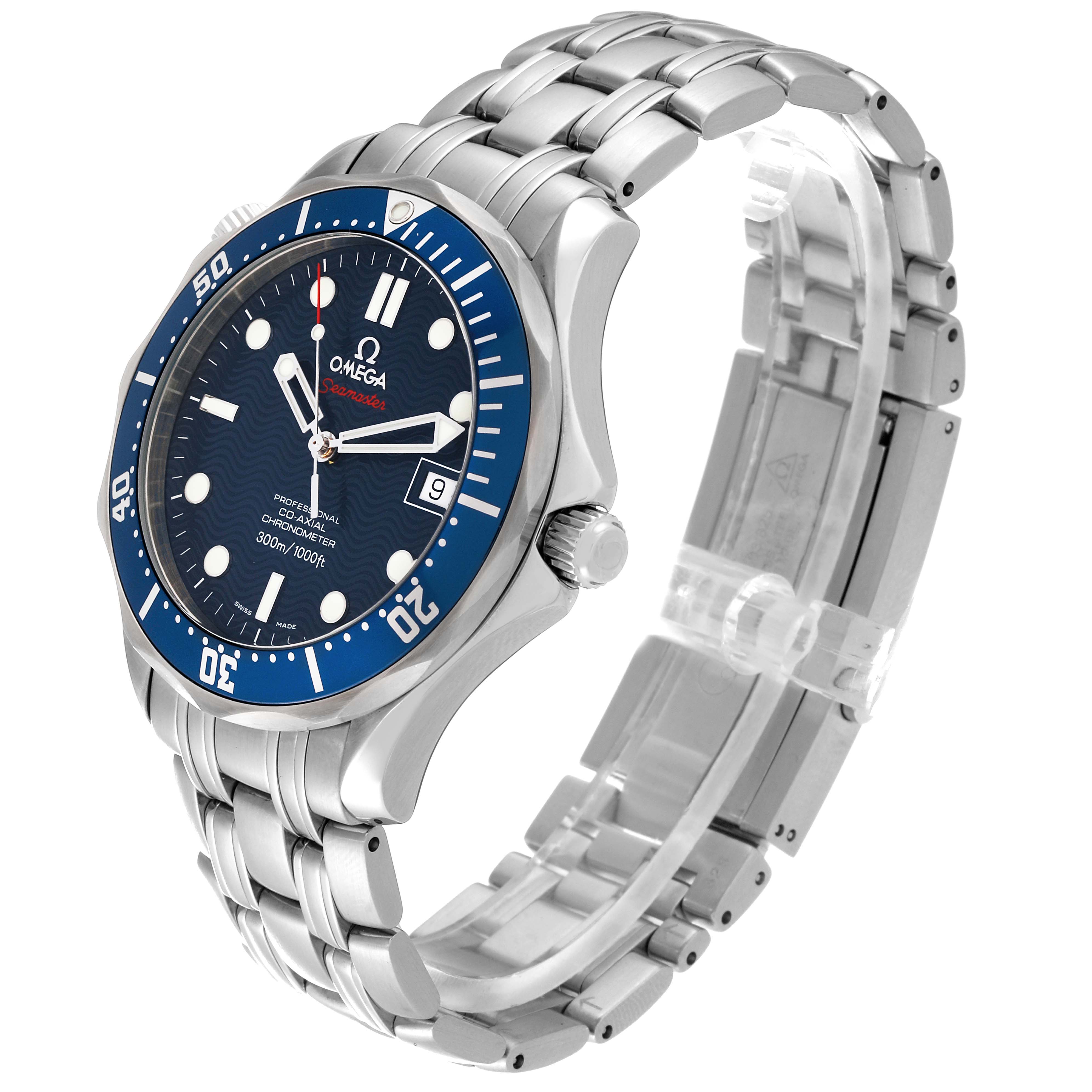 This image shows a side view of an Omega Seamaster 2220.80.00 Men's Stainless Steel Blue Dial 2220.80.00 Men's Stainless Steel Blue Dial watch, highlighting the blue dial, bezel, and steel bracelet.
