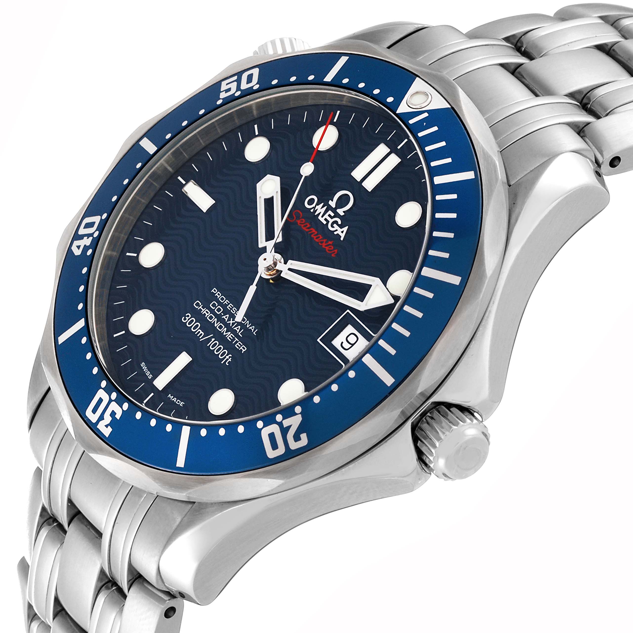 The image shows an angled view of the Omega Seamaster 2220.80.00 Men's Stainless Steel Blue Dial 2220.80.00 Men's Stainless Steel Blue Dial watch, highlighting its dial, bezel, and part of the bracelet.