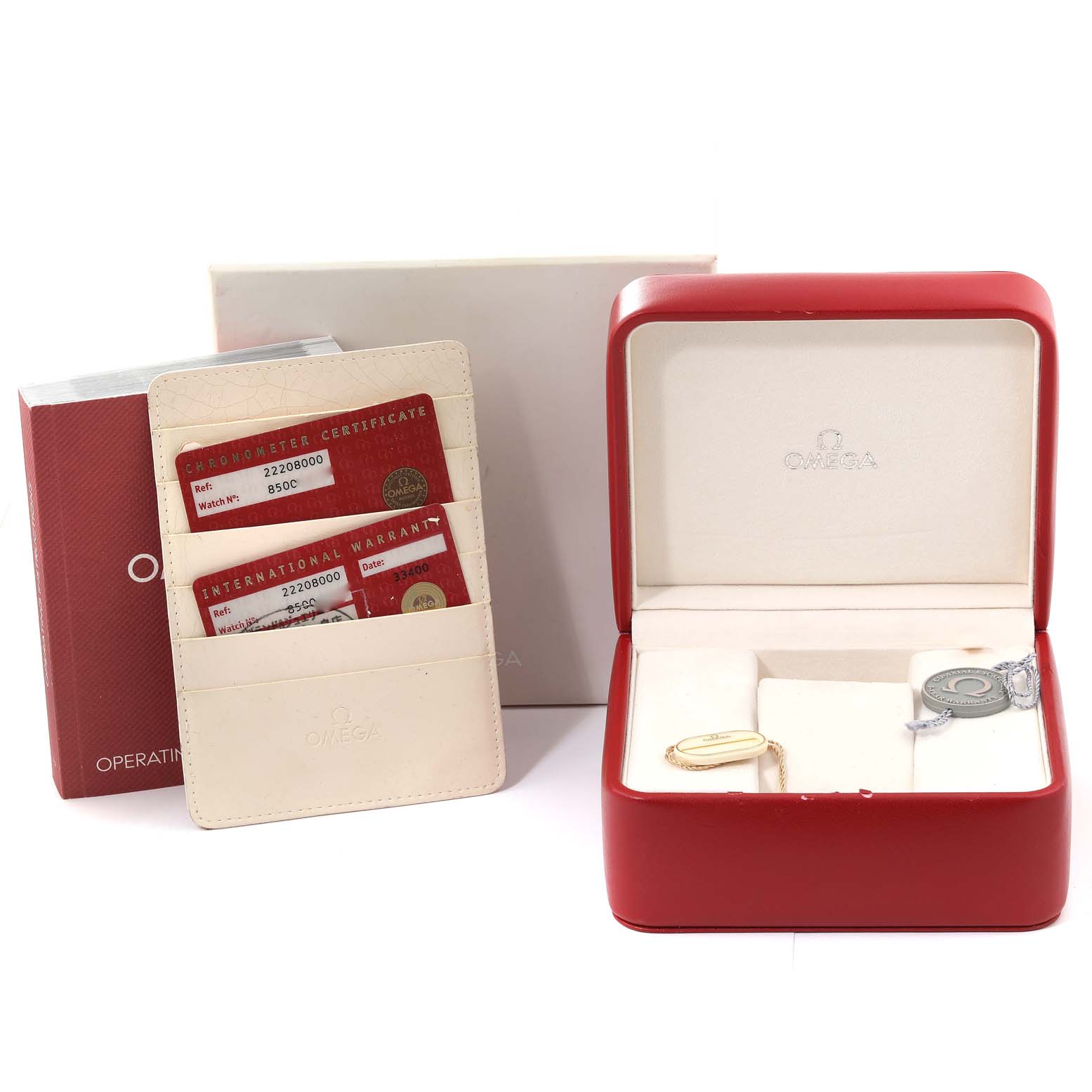 The image shows an Omega Seamaster 2220.80.00 Men's Stainless Steel Blue Dial 2220.80.00 Men's Stainless Steel Blue Dial watch's accessories, packaging, certificates, and warranty cards.