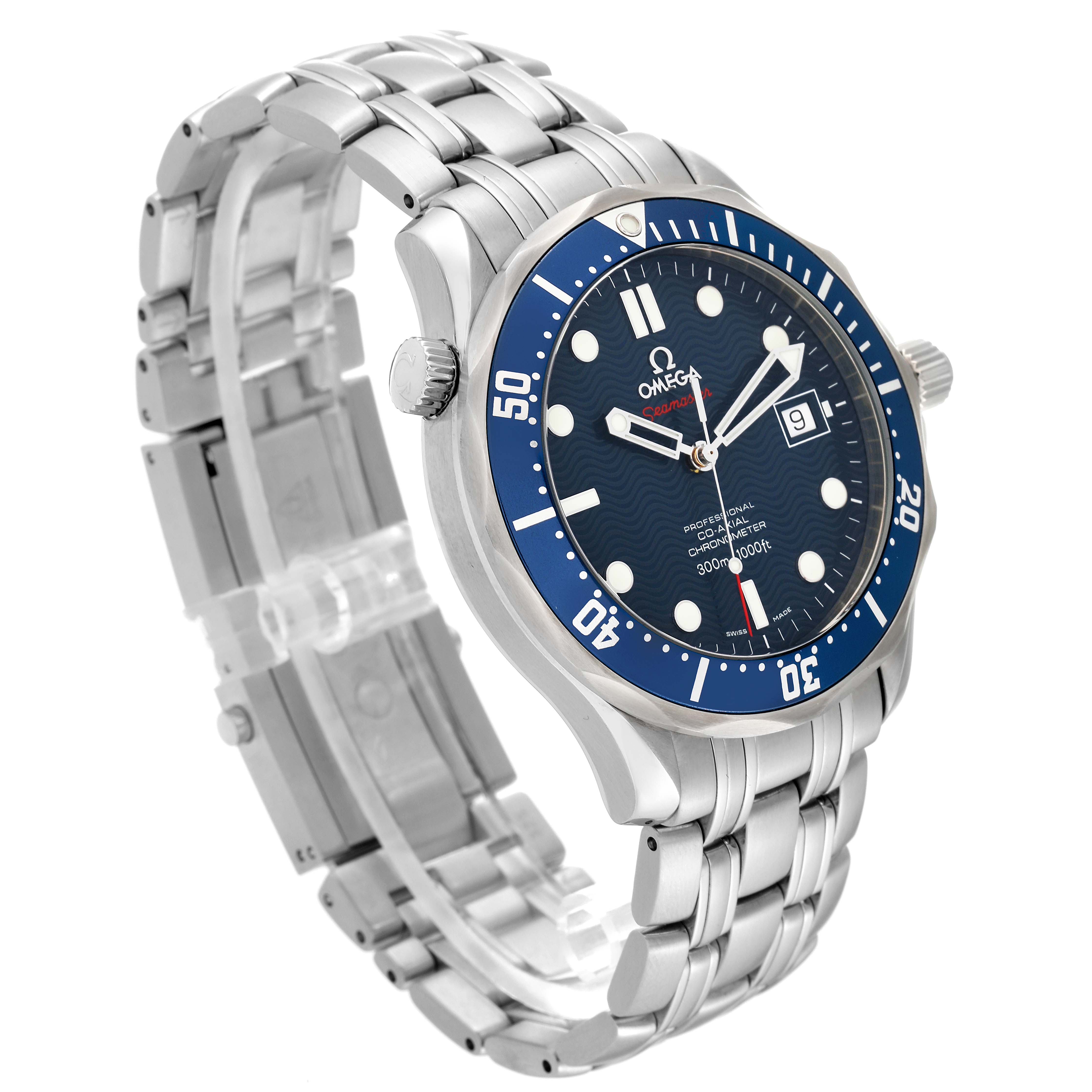 The Omega Seamaster 2220.80.00 Men's Stainless Steel Blue Dial 2220.80.00 Men's Stainless Steel Blue Dial watch is shown at a slight angle, highlighting its face, bezel, and stainless steel bracelet.