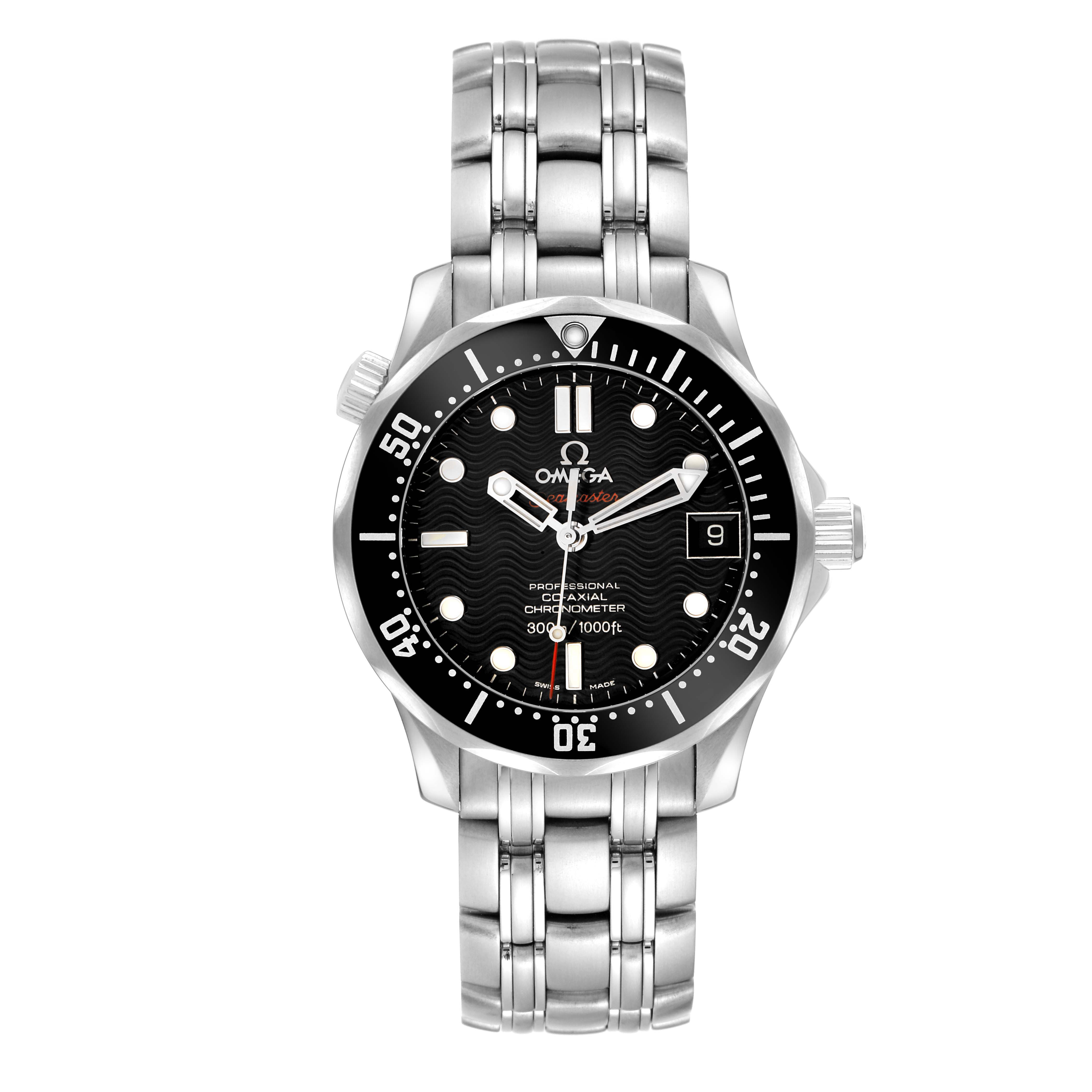 The Omega Seamaster 212.30.36.20.01.001 Men's Stainless Steel Black Dial watch is shown from the front, displaying its face, bezel, dial, hands, and stainless steel bracelet.