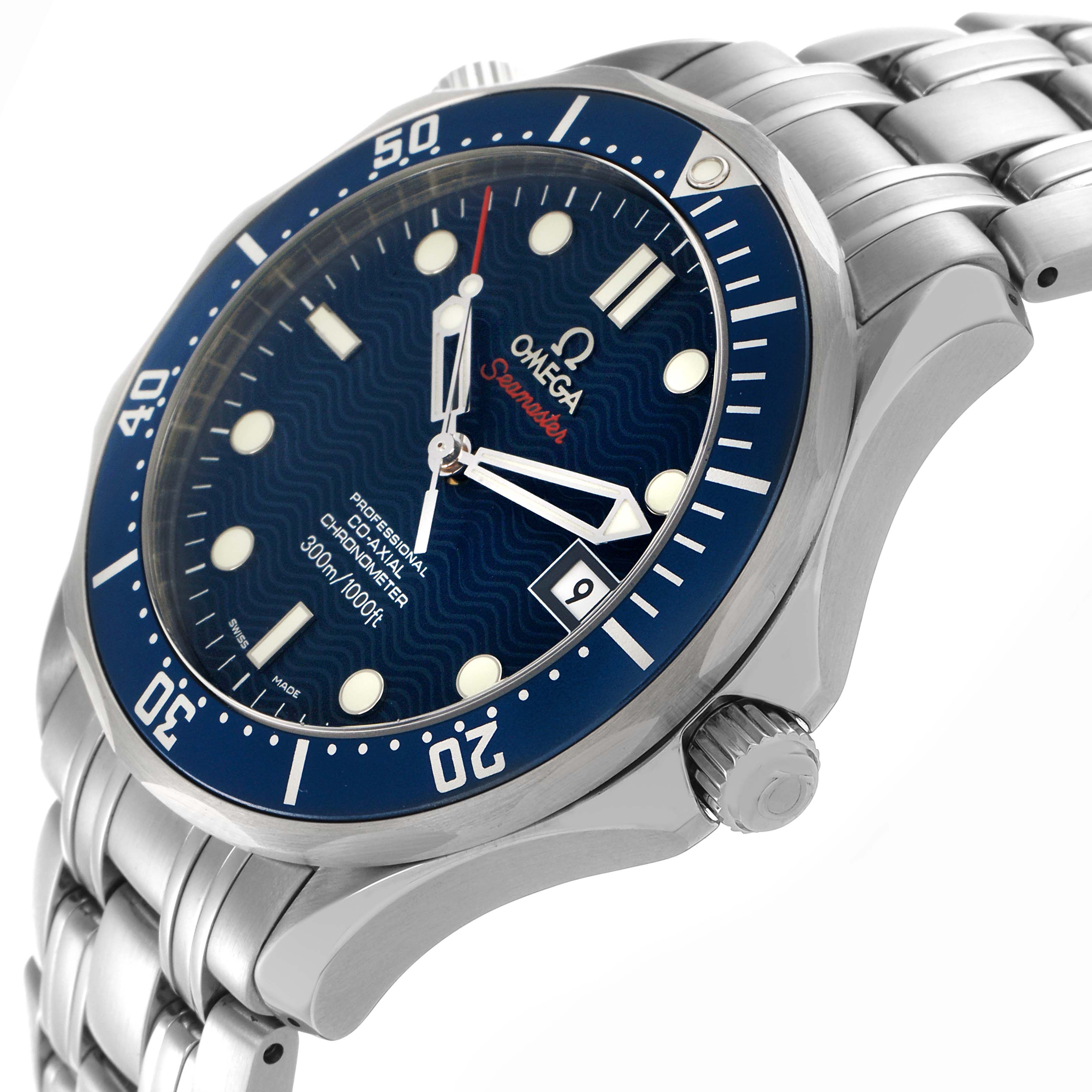The Omega Seamaster 2220.80.00 Men
s Stainless Steel Blue Dial 2220.80.00 Men
s Stainless Steel Blue Dial watch is angled to show the face, bezel, crown, and part of the bracelet.