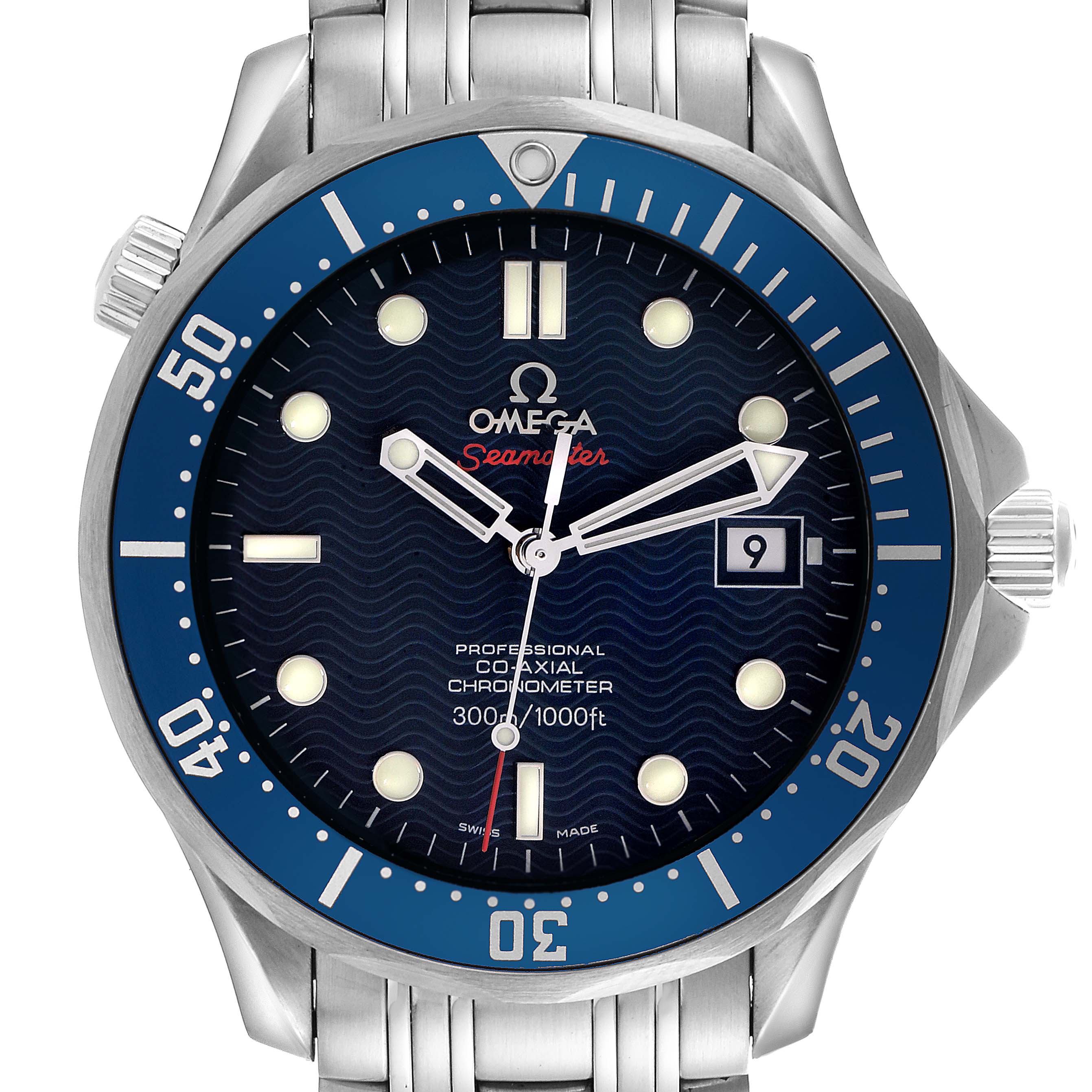 The Omega Seamaster 2220.80.00 Men
s Stainless Steel Blue Dial 2220.80.00 Men
s Stainless Steel Blue Dial watch is shown from the front, featuring the dial, bezel, and bracelet.