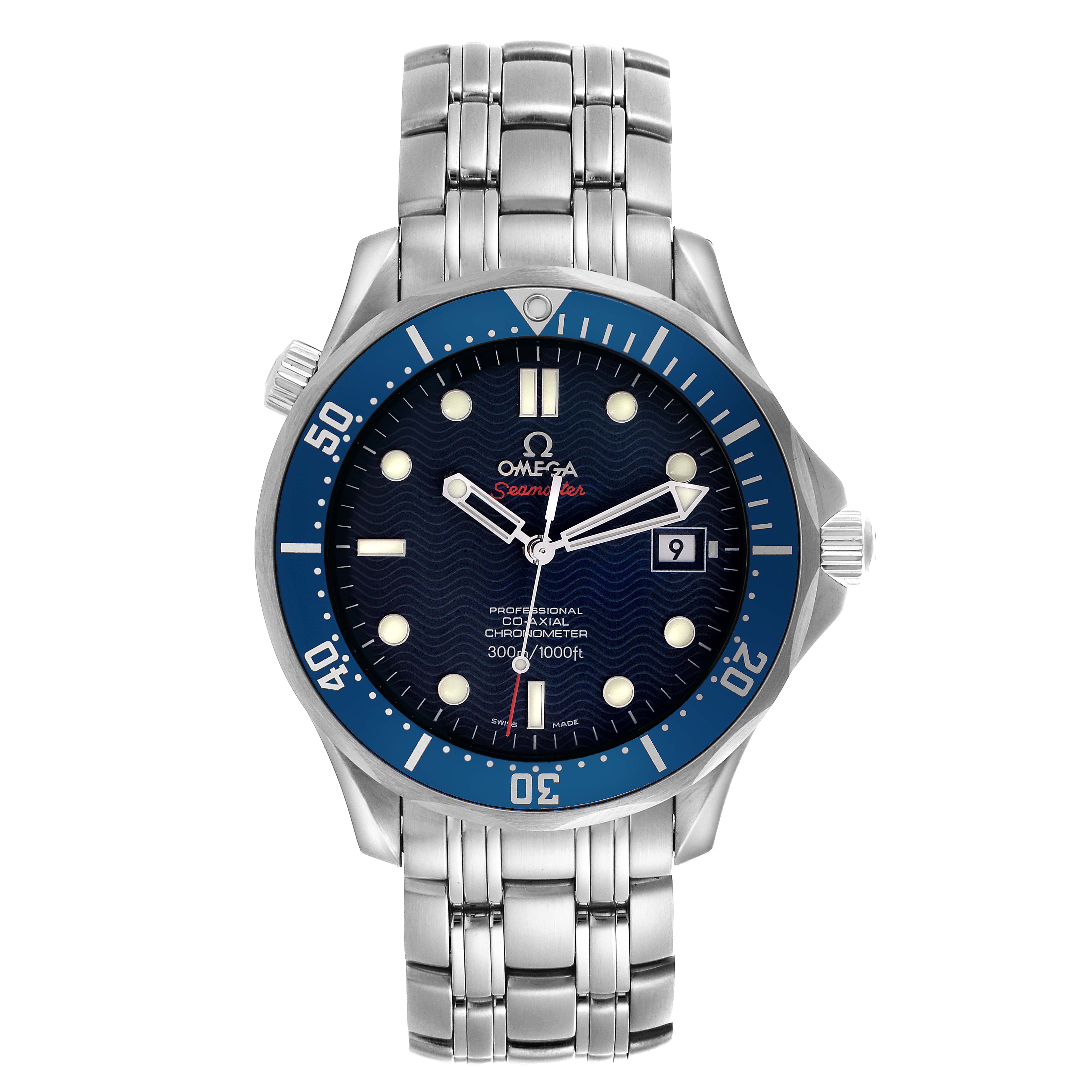 The Omega Seamaster 2220.80.00 Men
s Stainless Steel Blue Dial 2220.80.00 Men
s Stainless Steel Blue Dial watch is shown from the front, highlighting its blue dial, bezel, and metal bracelet.