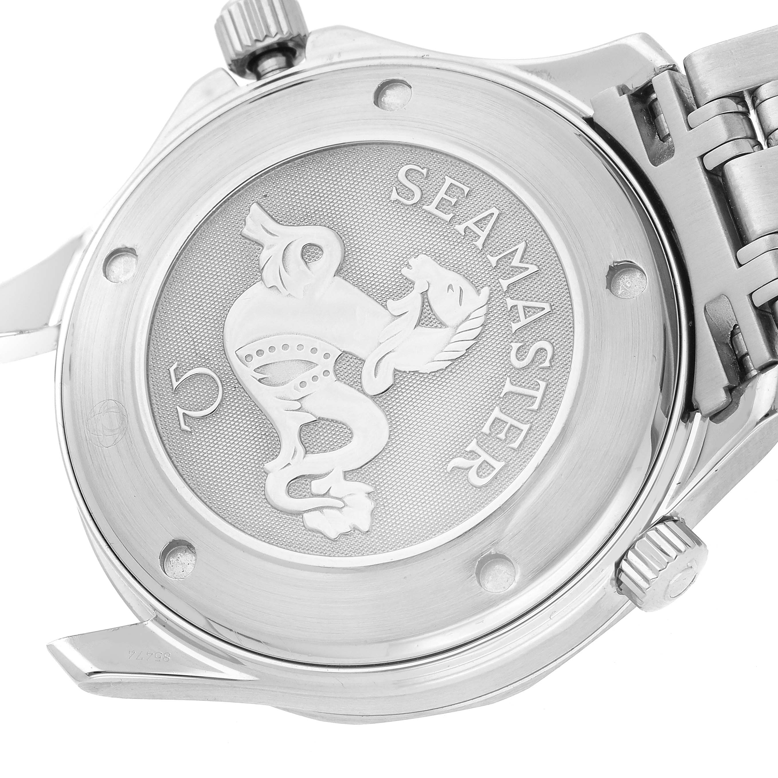 The image shows the case back of an Omega Seamaster 2220.80.00 Men
s Stainless Steel Blue Dial 2220.80.00 Men
s Stainless Steel Blue Dial watch, featuring the logo and part of the bracelet and lugs.