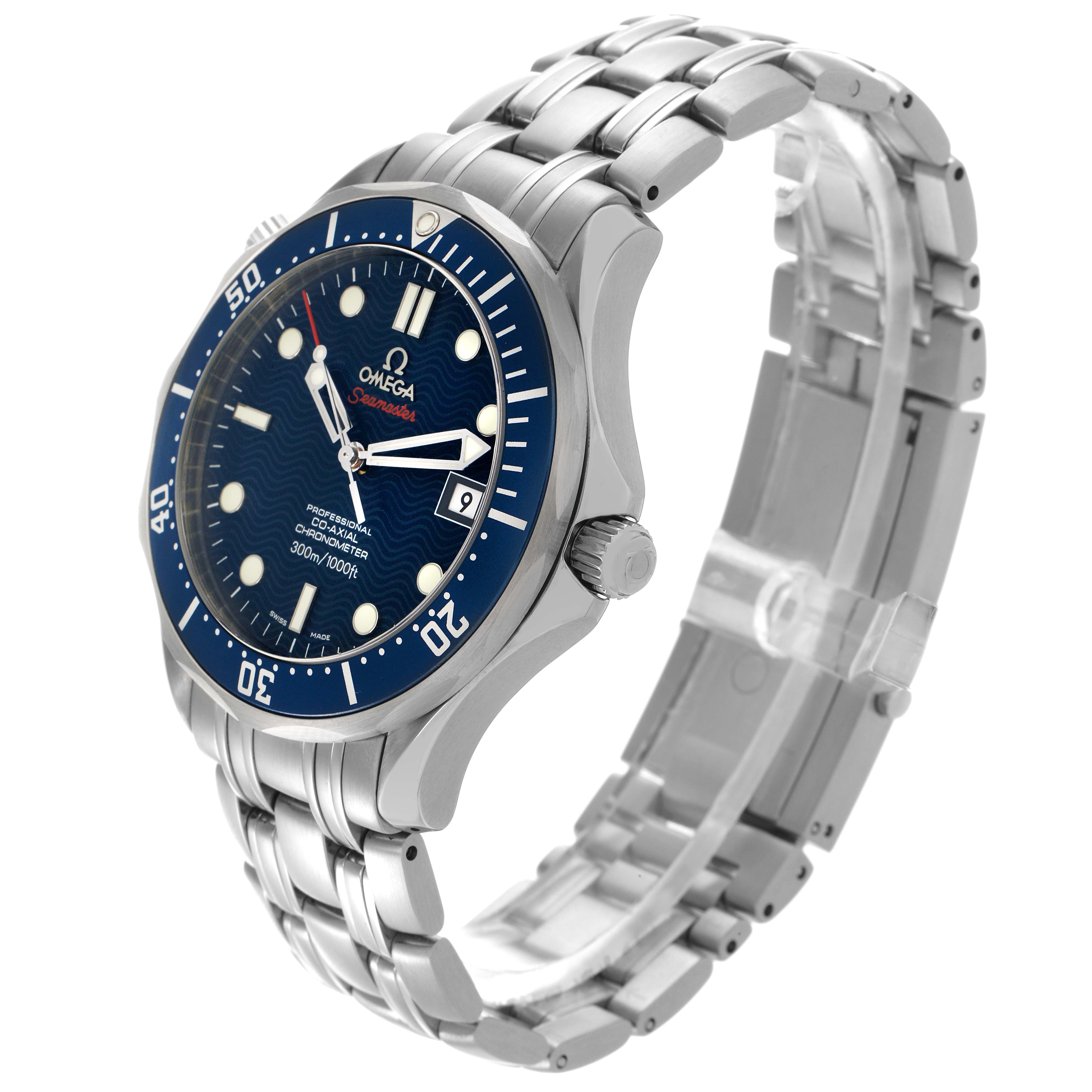 The Omega Seamaster 2220.80.00 Men
s Stainless Steel Blue Dial 2220.80.00 Men
s Stainless Steel Blue Dial watch is shown from a three-quarter angle, displaying the face, bezel, crown, and steel bracelet.