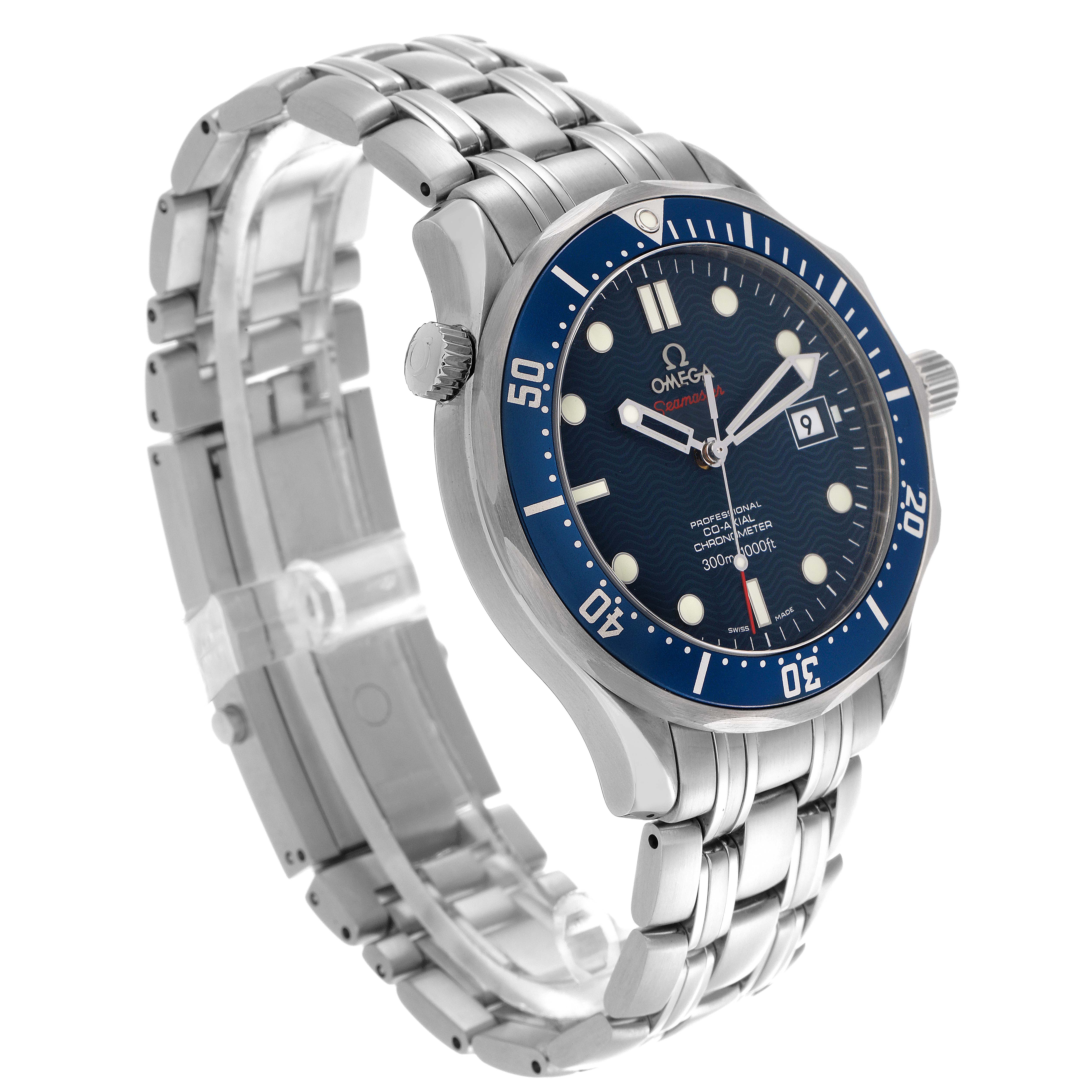 The Omega Seamaster 2220.80.00 Men
s Stainless Steel Blue Dial 2220.80.00 Men
s Stainless Steel Blue Dial watch is shown at an oblique angle highlighting the face, bezel, and bracelet.