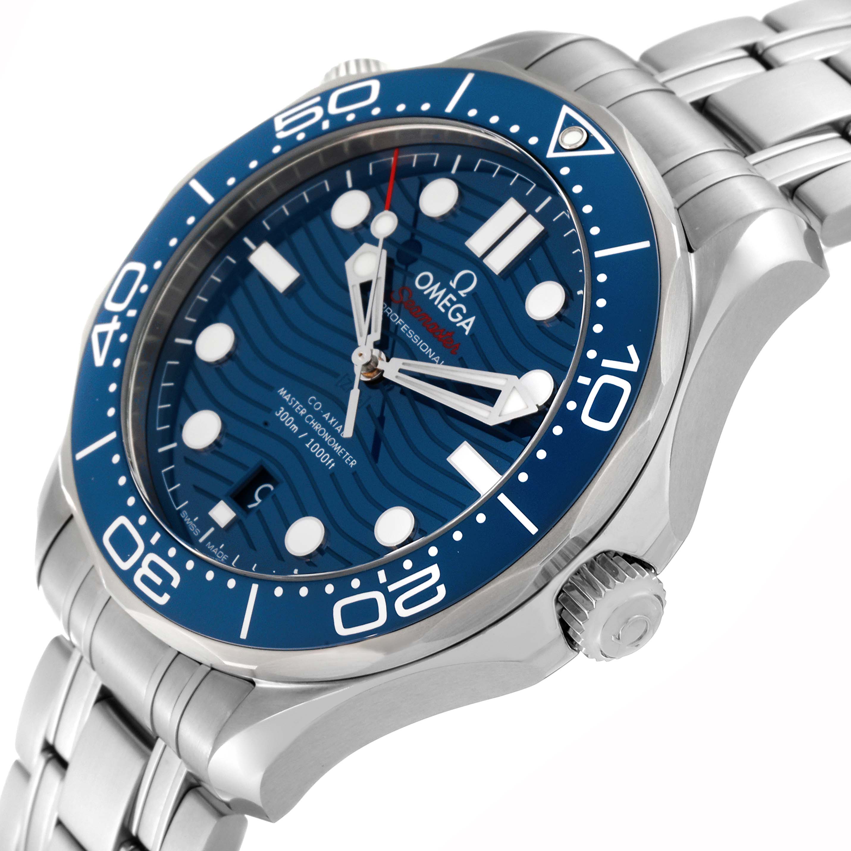 This image shows the Omega Seamaster 210.30.42.20.03.001 Men
s Stainless Steel Blue Dial 210.30.42.20.03.001 Men
s Stainless Steel Blue Dial watch at an angle highlighting its blue dial, bezel, and bracelet.