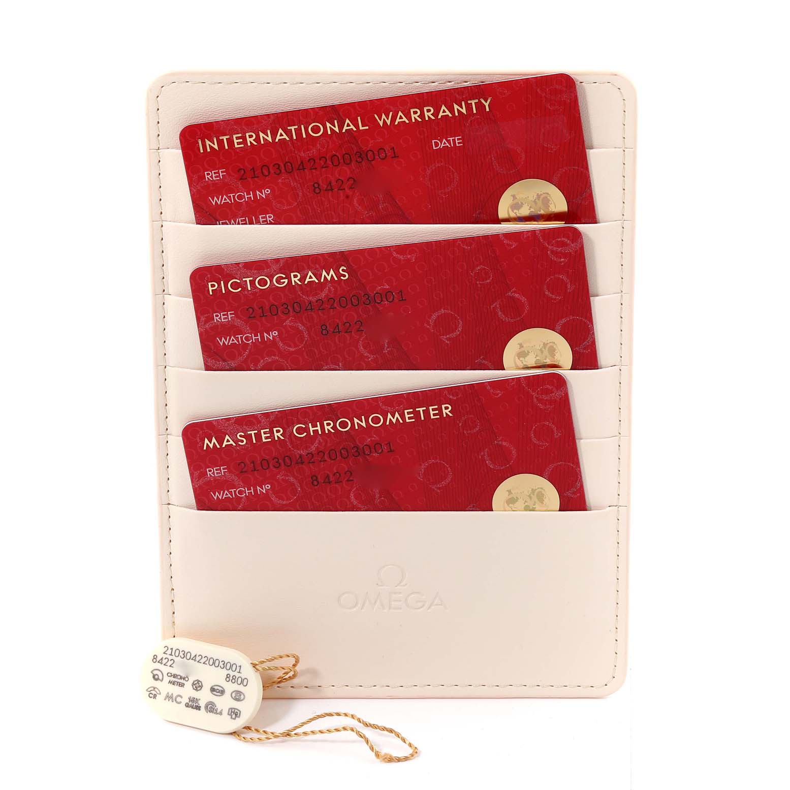 The image shows an Omega Seamaster 210.30.42.20.03.001 Men
s Stainless Steel Blue Dial 210.30.42.20.03.001 Men
s Stainless Steel Blue Dial
s warranty cards and hang tag, displayed in a beige cardholder.