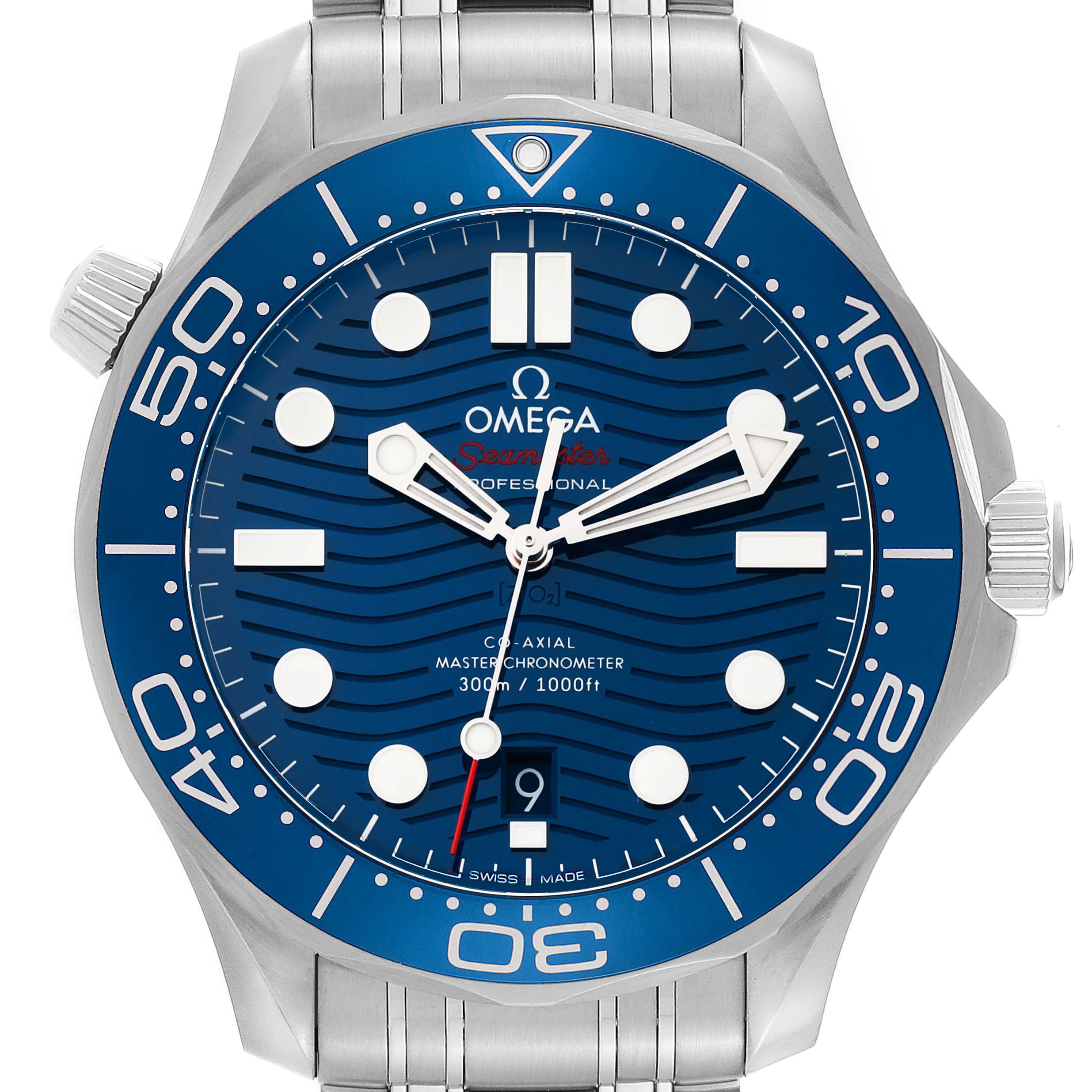 The image shows a front view of the Omega Seamaster 210.30.42.20.03.001 Men
s Stainless Steel Blue Dial 210.30.42.20.03.001 Men
s Stainless Steel Blue Dial watch, highlighting its blue dial, date display, and stainless steel bracelet.