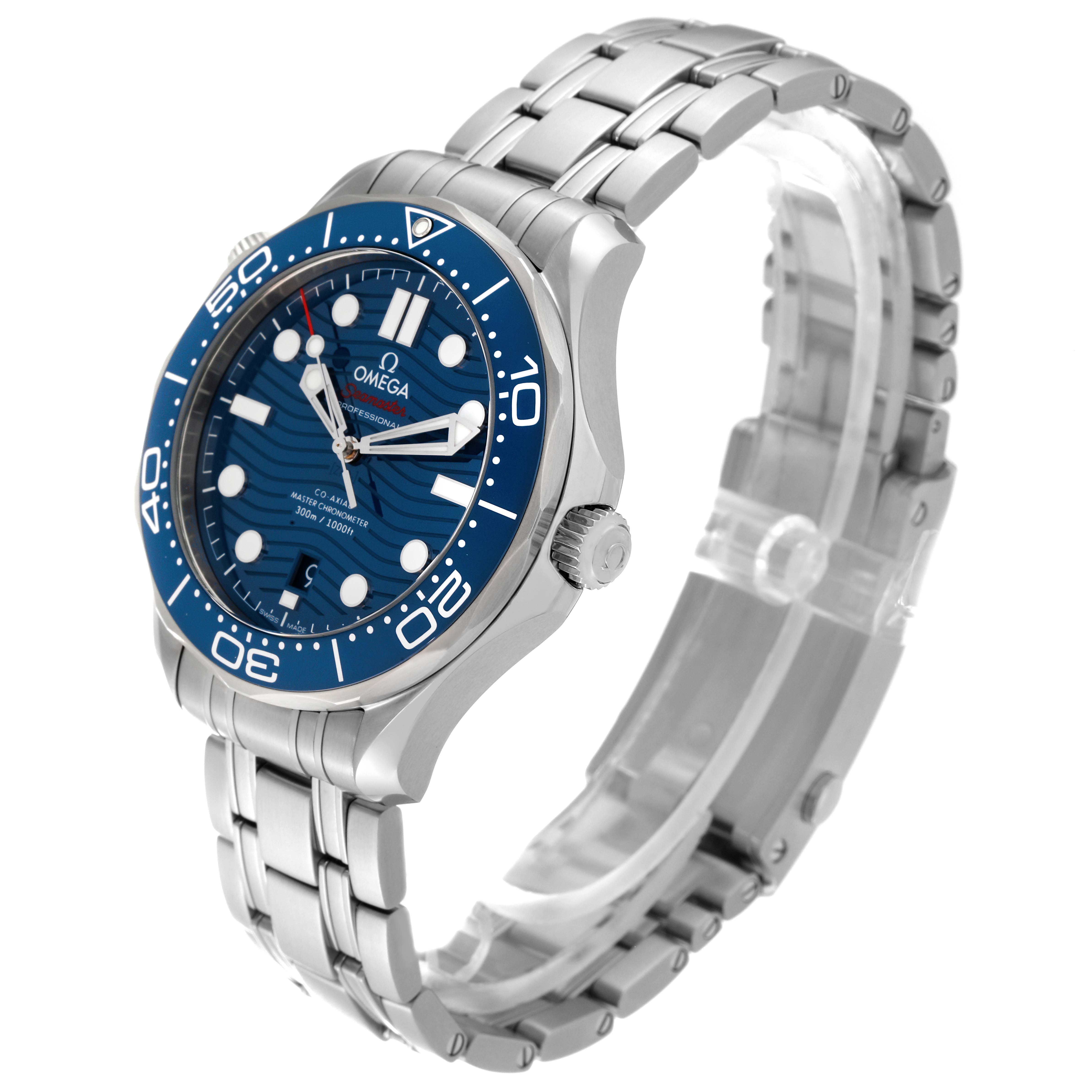 The Omega Seamaster 210.30.42.20.03.001 Men
s Stainless Steel Blue Dial 210.30.42.20.03.001 Men
s Stainless Steel Blue Dial watch is shown at a three-quarter angle highlighting the face, bezel, crown, and stainless steel bracelet.