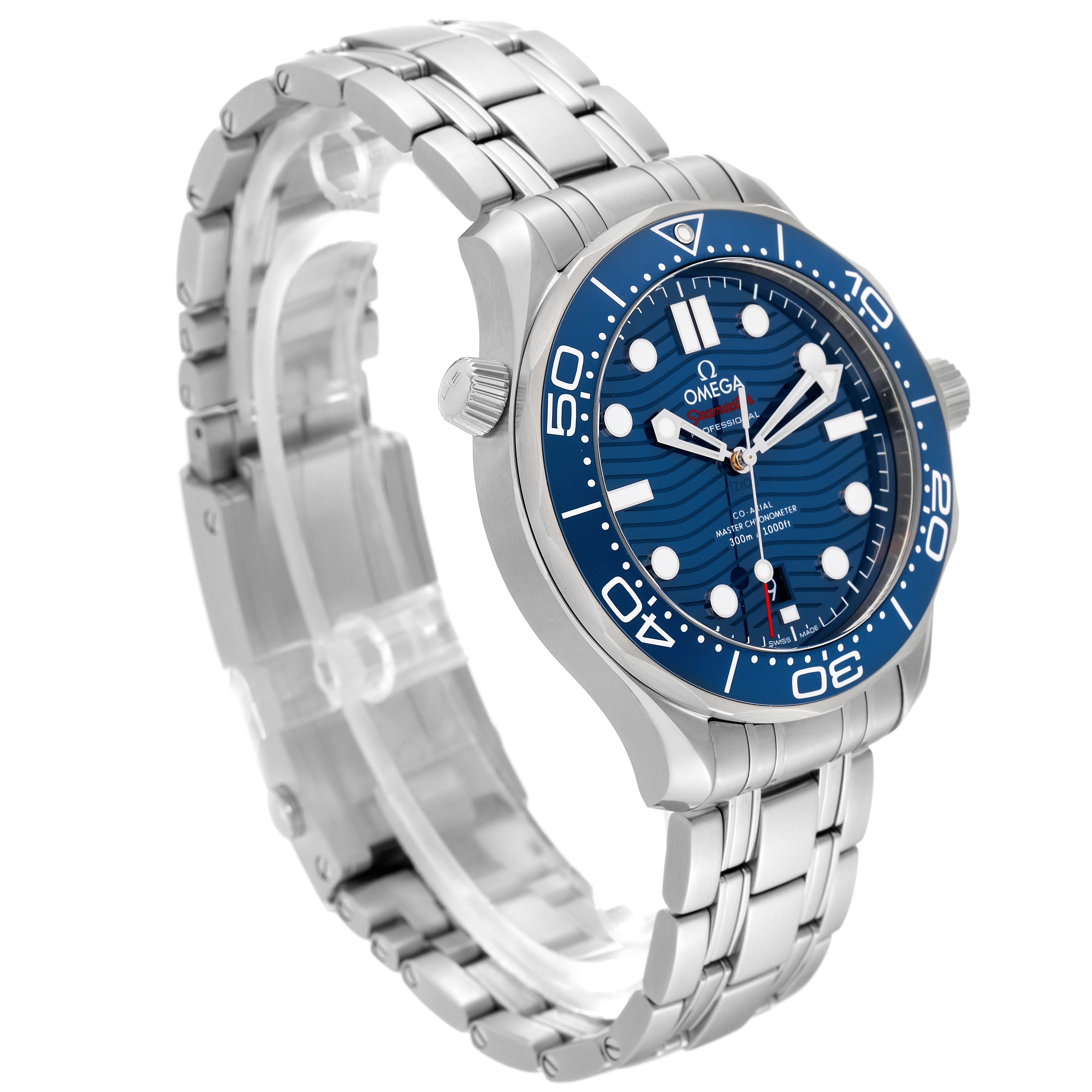 The image shows a side angle of the Omega Seamaster 210.30.42.20.03.001 Men
s Stainless Steel Blue Dial 210.30.42.20.03.001 Men
s Stainless Steel Blue Dial watch, highlighting its blue dial and stainless steel bracelet.