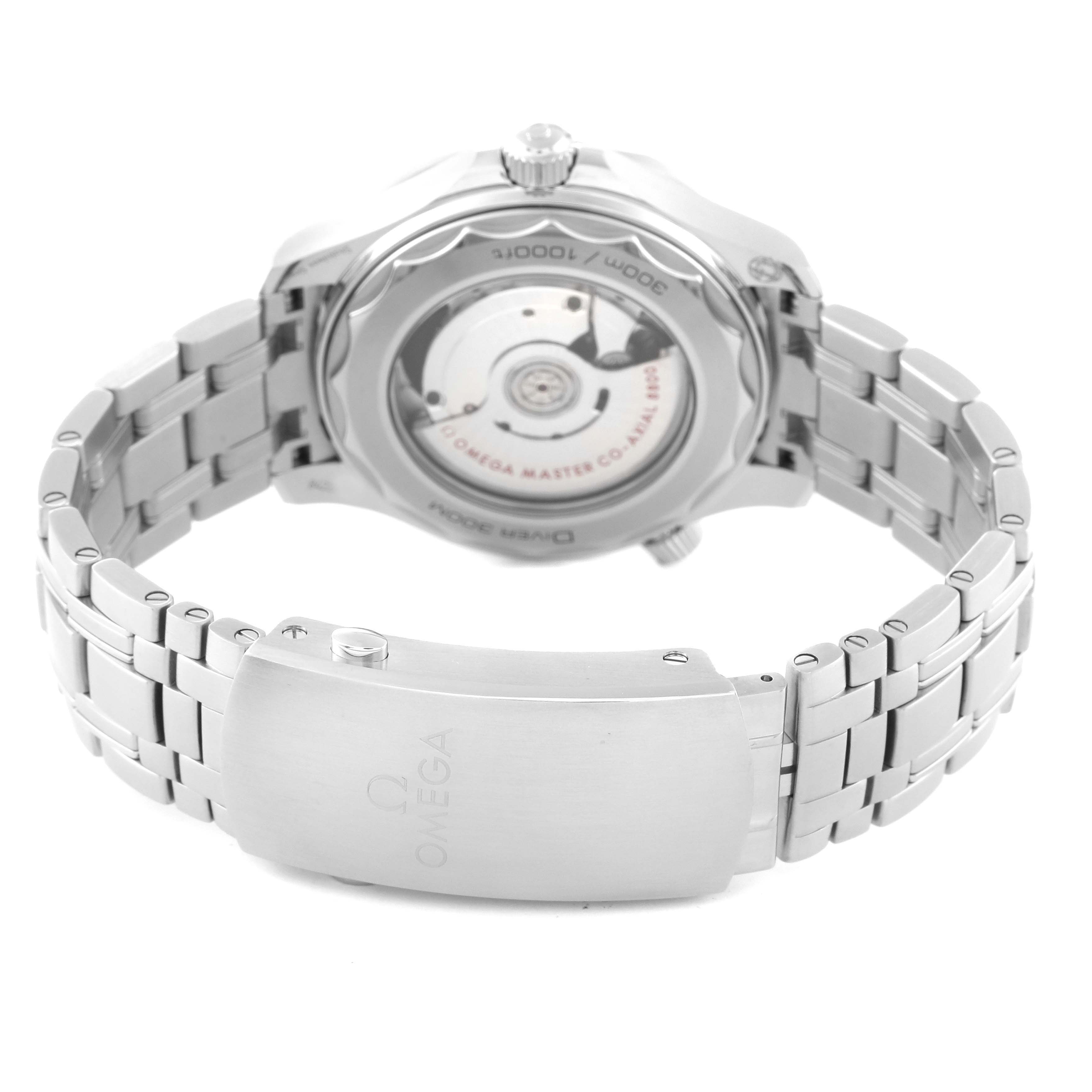 The Omega Seamaster 210.30.42.20.03.001 Men
s Stainless Steel Blue Dial 210.30.42.20.03.001 Men
s Stainless Steel Blue Dial watch is shown from the back, highlighting the stainless steel bracelet and the case back.