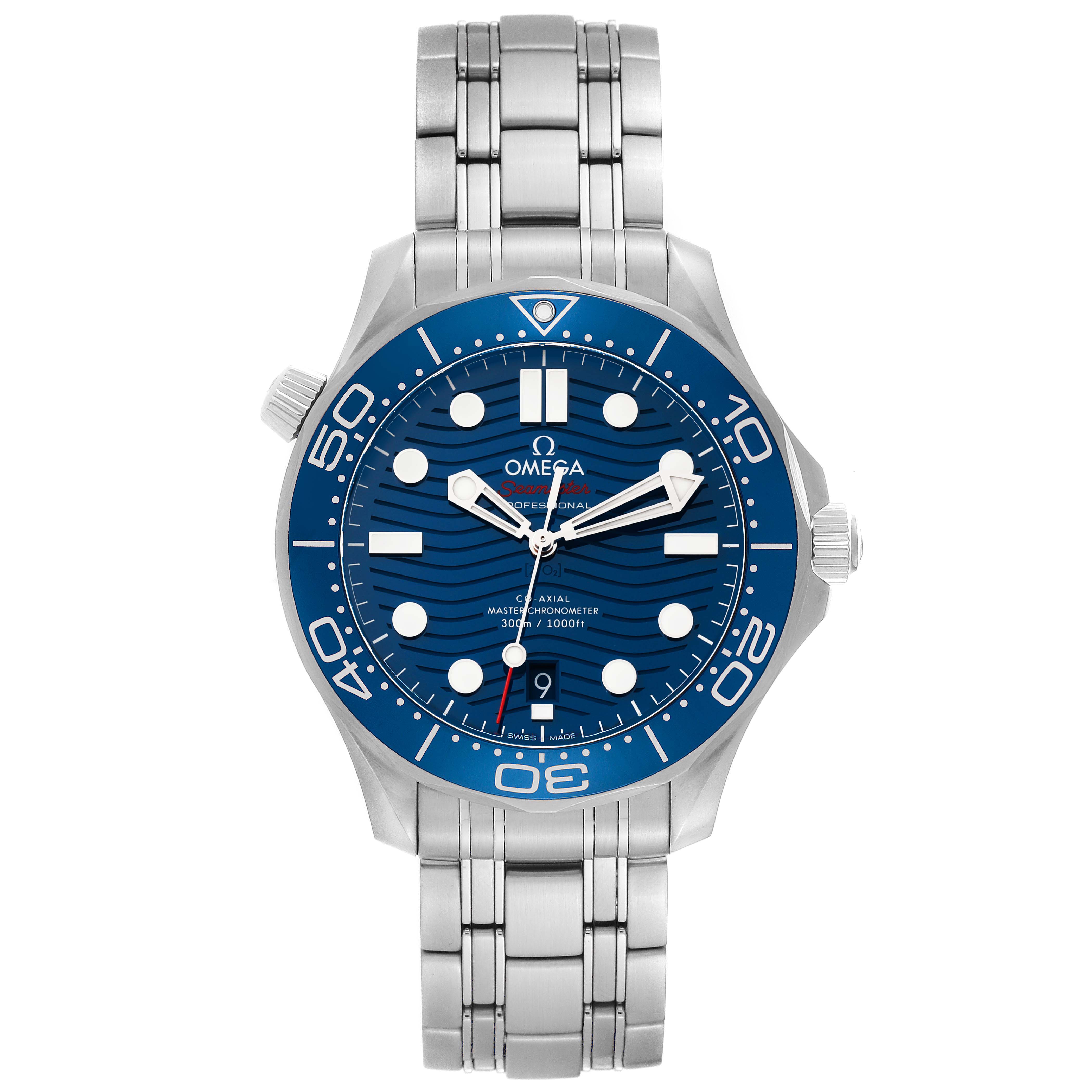 The image shows a front view of the Omega Seamaster 210.30.42.20.03.001 Men
s Stainless Steel Blue Dial 210.30.42.20.03.001 Men
s Stainless Steel Blue Dial watch, detailing its blue dial, bezel, and stainless steel bracelet.