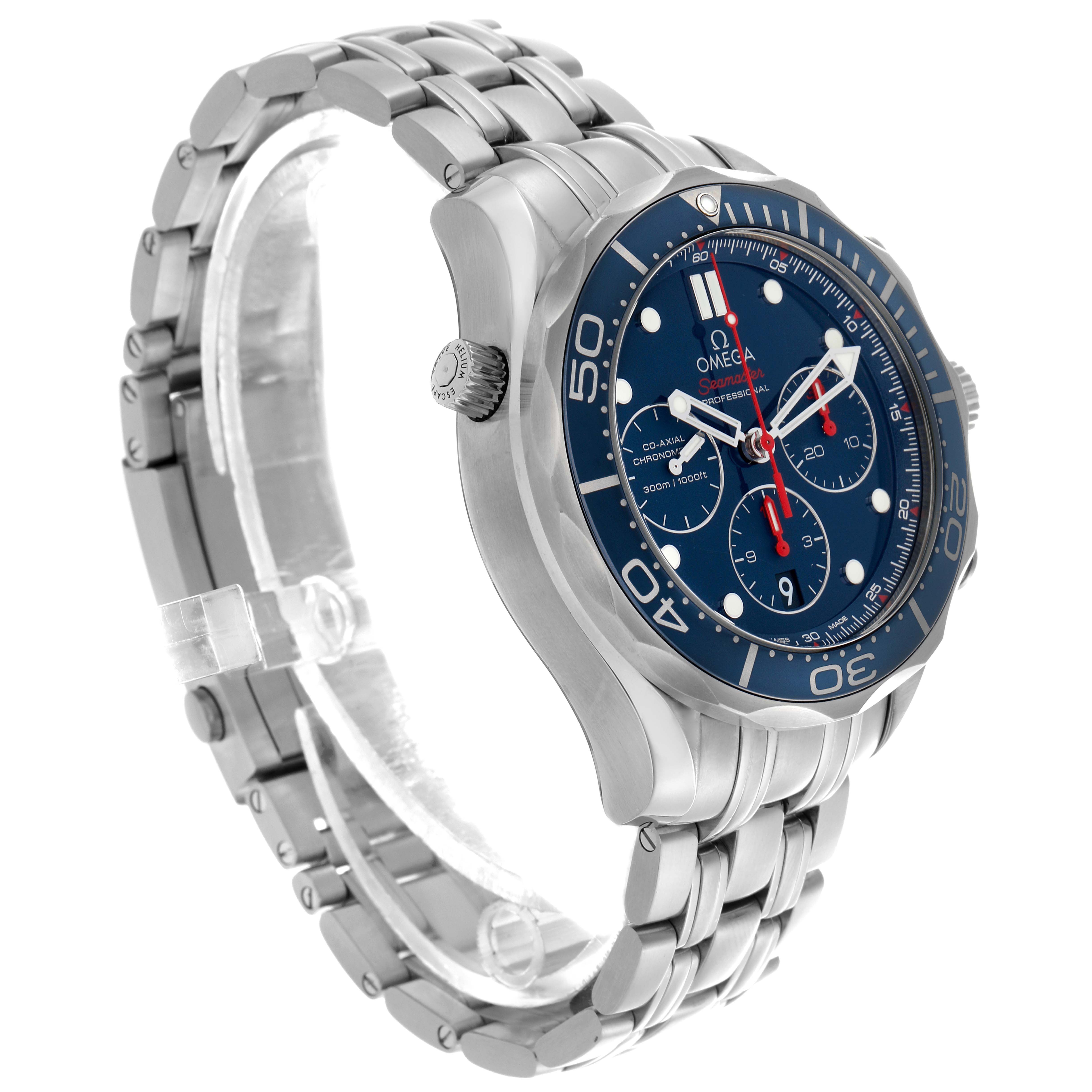 The Omega Seamaster 212.30.44.50.03.001 Men's Stainless Steel Blue Dial 212.30.44.50.03.001 Men's Stainless Steel Blue Dial watch is shown at a three-quarter angle, displaying the face, bezel, crown, and bracelet.