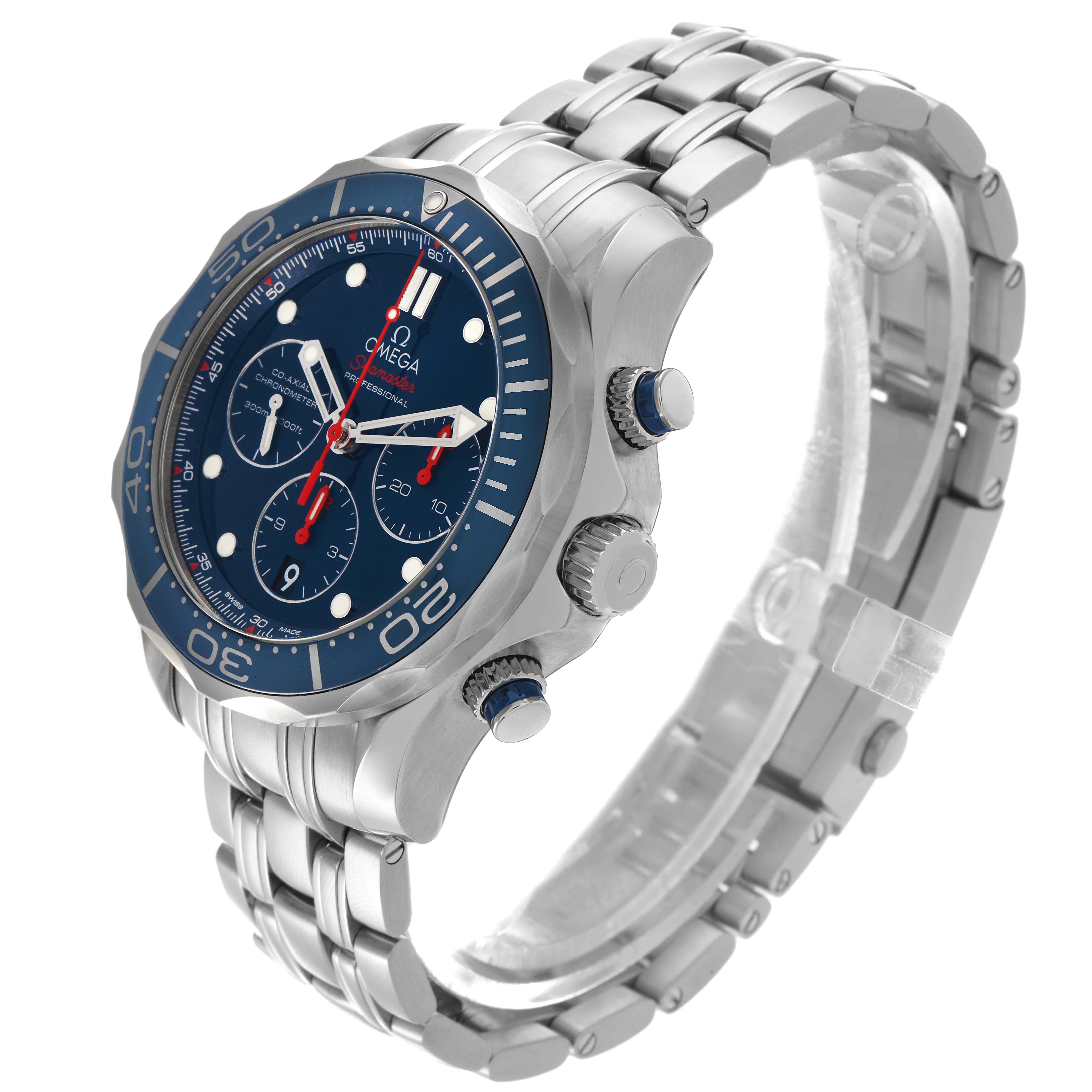 The Omega Seamaster 212.30.44.50.03.001 Men's Stainless Steel Blue Dial 212.30.44.50.03.001 Men's Stainless Steel Blue Dial watch is shown at a slight angle, displaying the face, bezel, crown, pushers, and part of the bracelet.