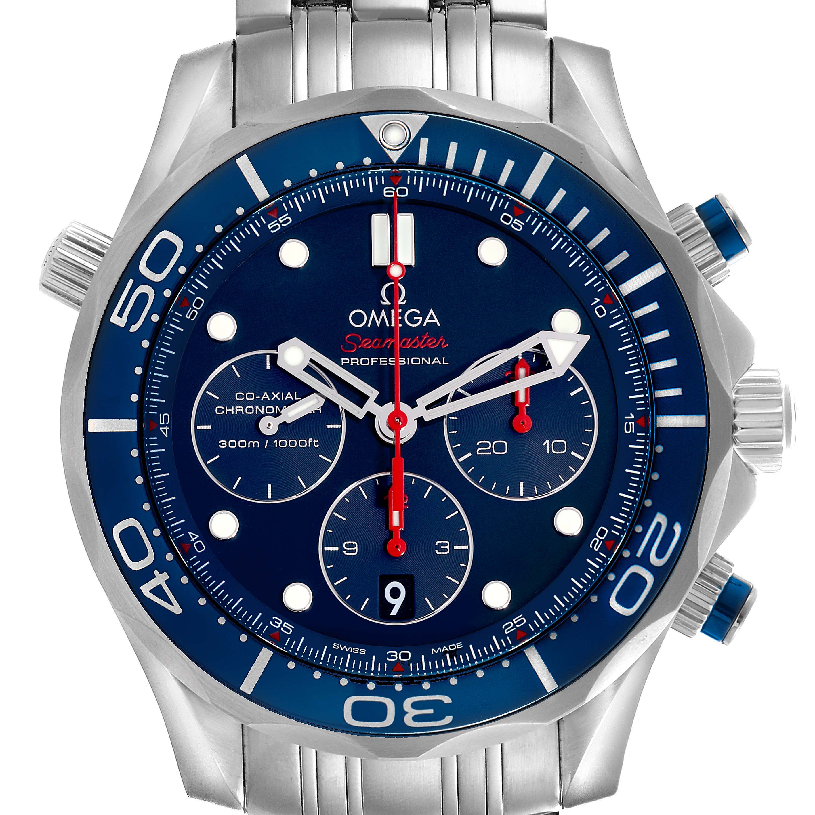 The Omega Seamaster 212.30.44.50.03.001 Men's Stainless Steel Blue Dial 212.30.44.50.03.001 Men's Stainless Steel Blue Dial watch is shown from the front, featuring its dial, bezel, subdials, and part of the bracelet.