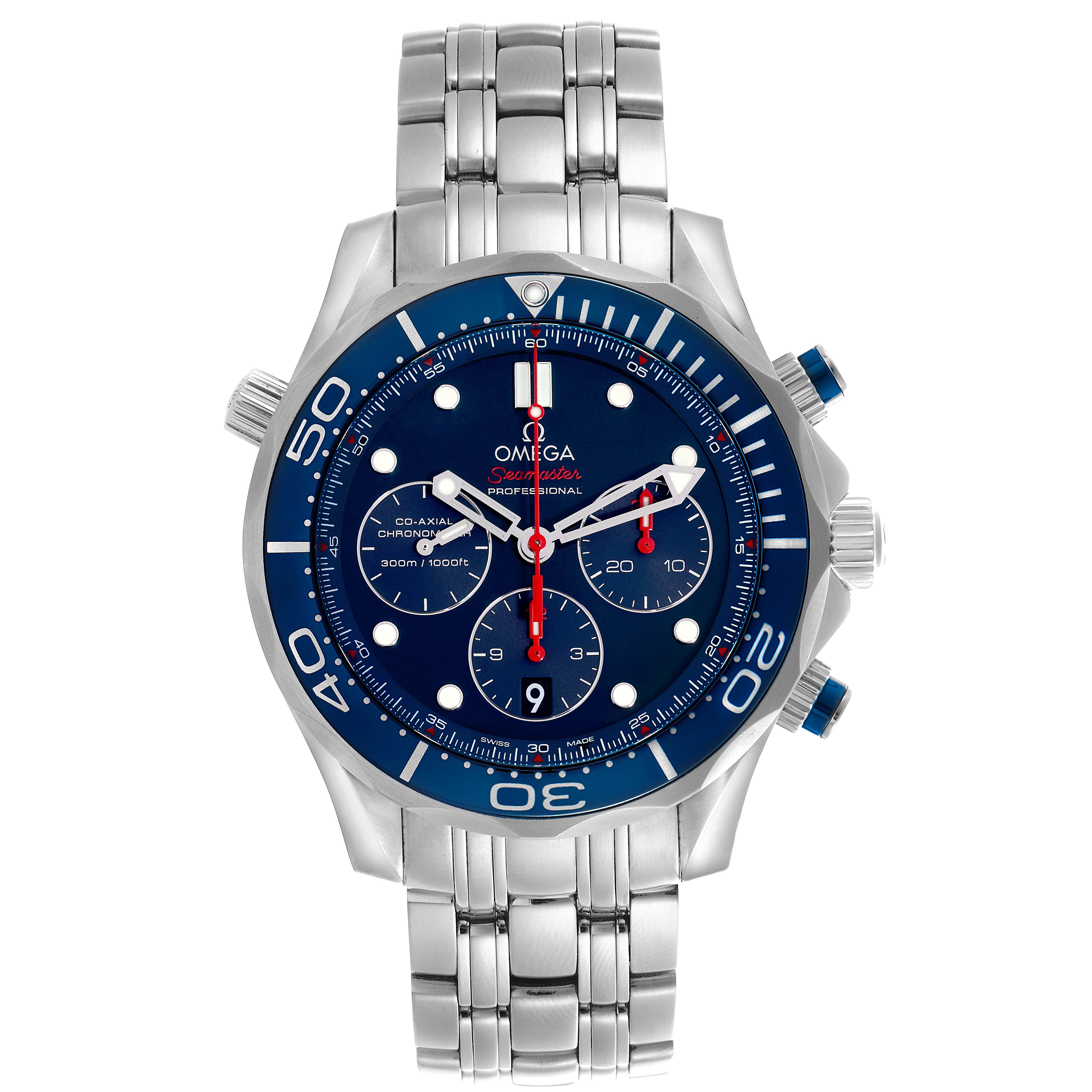 The Omega Seamaster 212.30.44.50.03.001 Men's Stainless Steel Blue Dial 212.30.44.50.03.001 Men's Stainless Steel Blue Dial watch is shown from a top-down angle, highlighting its face, bezel, and bracelet.