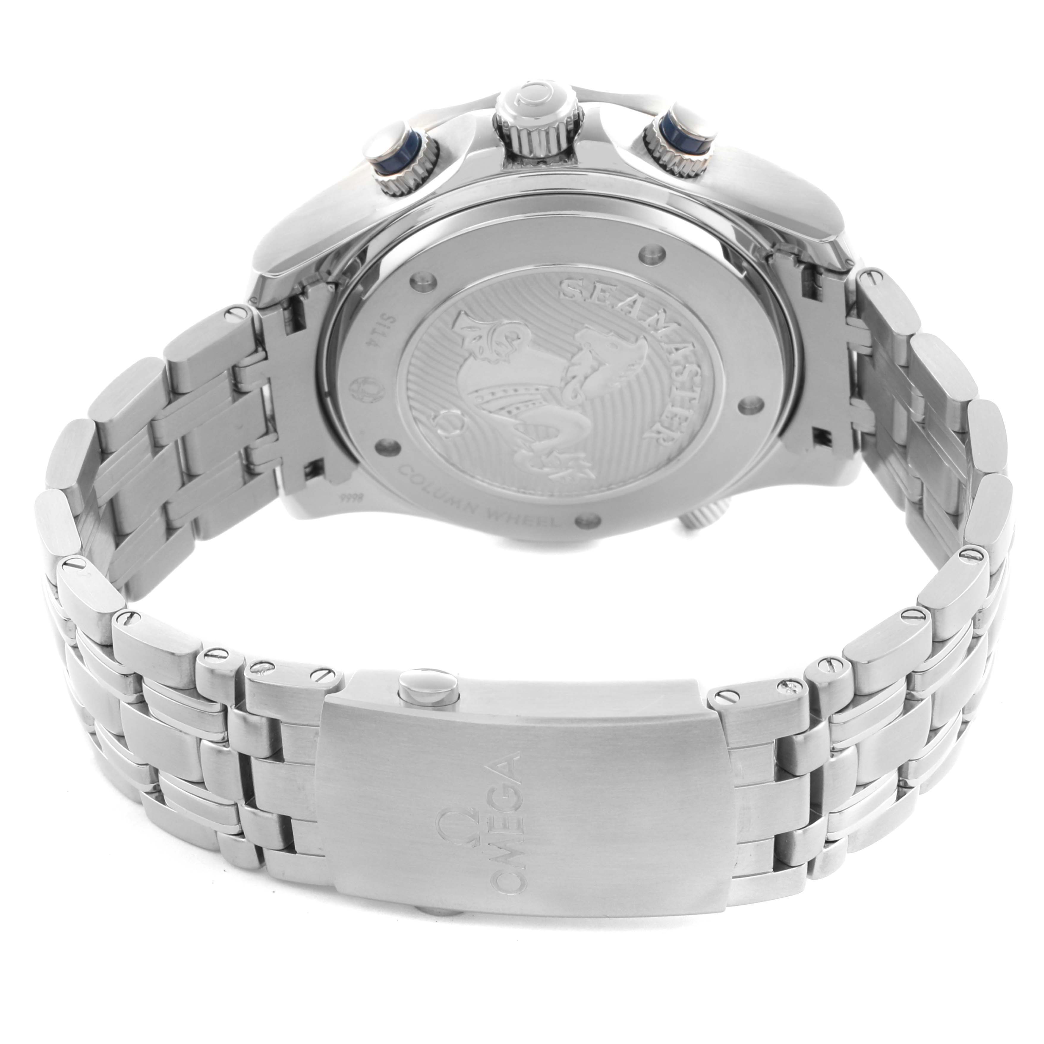 The image shows the back of an Omega Seamaster 212.30.44.50.03.001 Men's Stainless Steel Blue Dial 212.30.44.50.03.001 Men's Stainless Steel Blue Dial watch, highlighting the case back, crown, pushers, and metal bracelet.