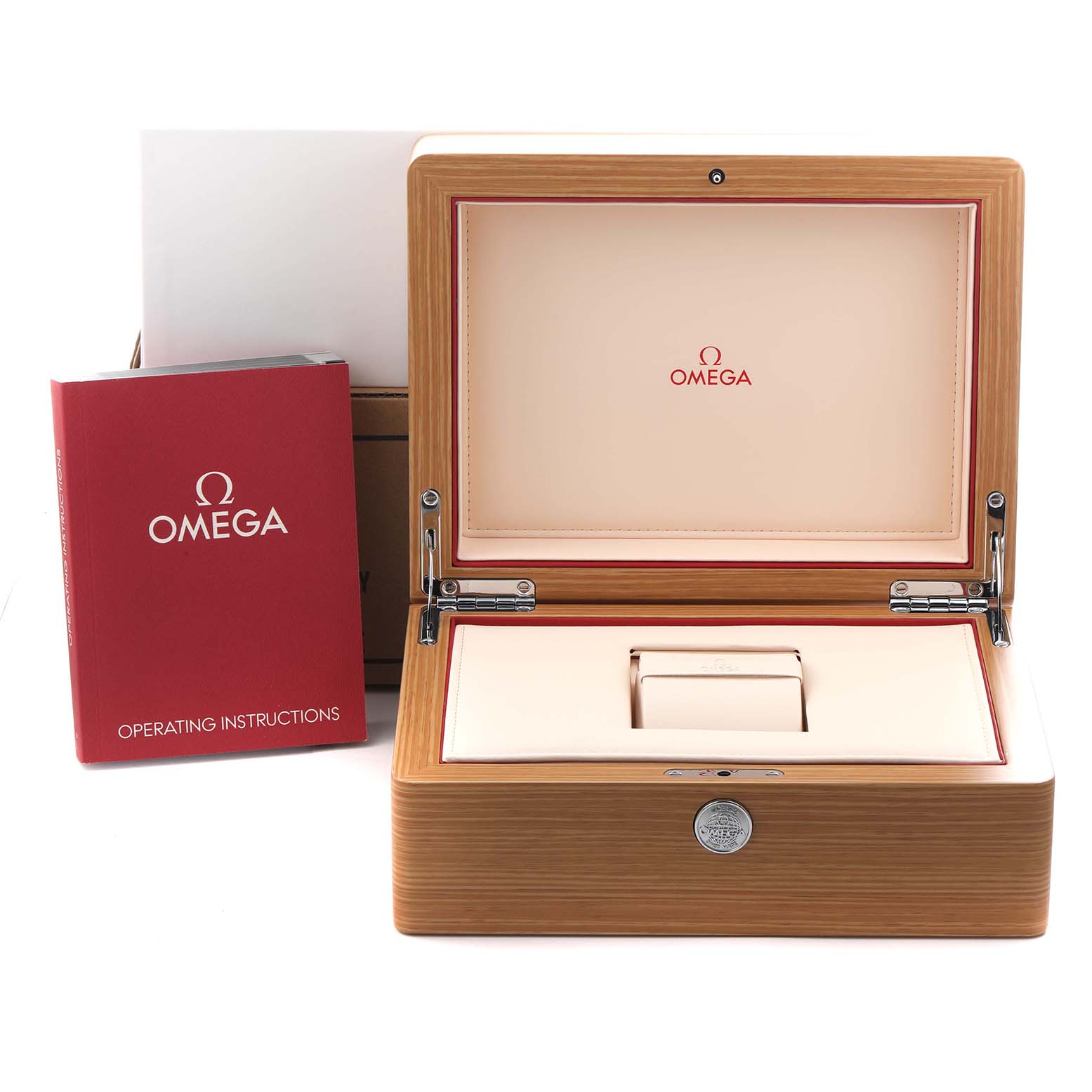 The image shows an Omega Seamaster 212.30.44.50.03.001 Men's Stainless Steel Blue Dial 212.30.44.50.03.001 Men's Stainless Steel Blue Dial watch box and operating instructions, viewed from the front with the lid open.